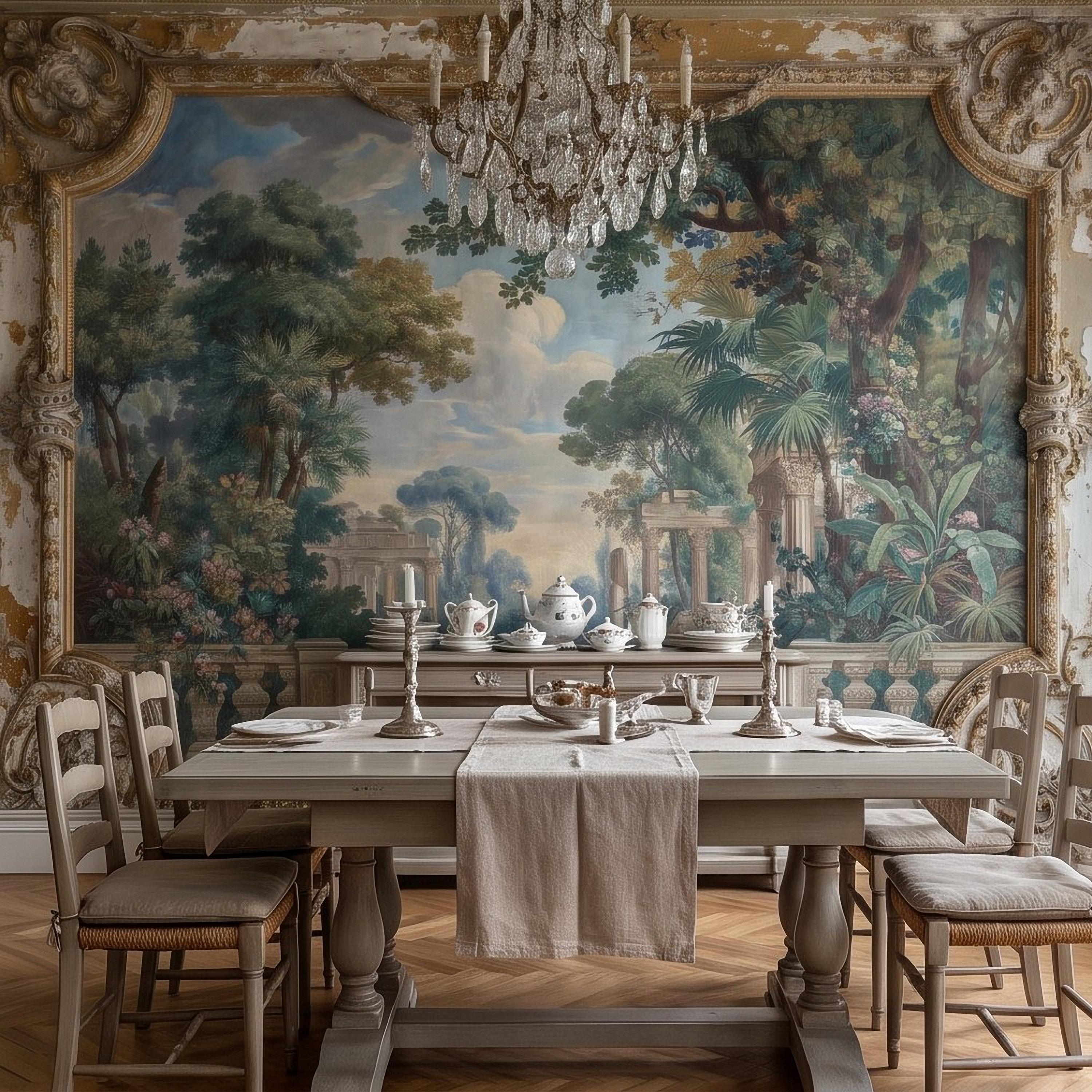 Baroque Garden Fresco Peel and Stick Wall Mural, Antique Classical Landscape Palace Ruins Trompe L'Oeil Wallpaper