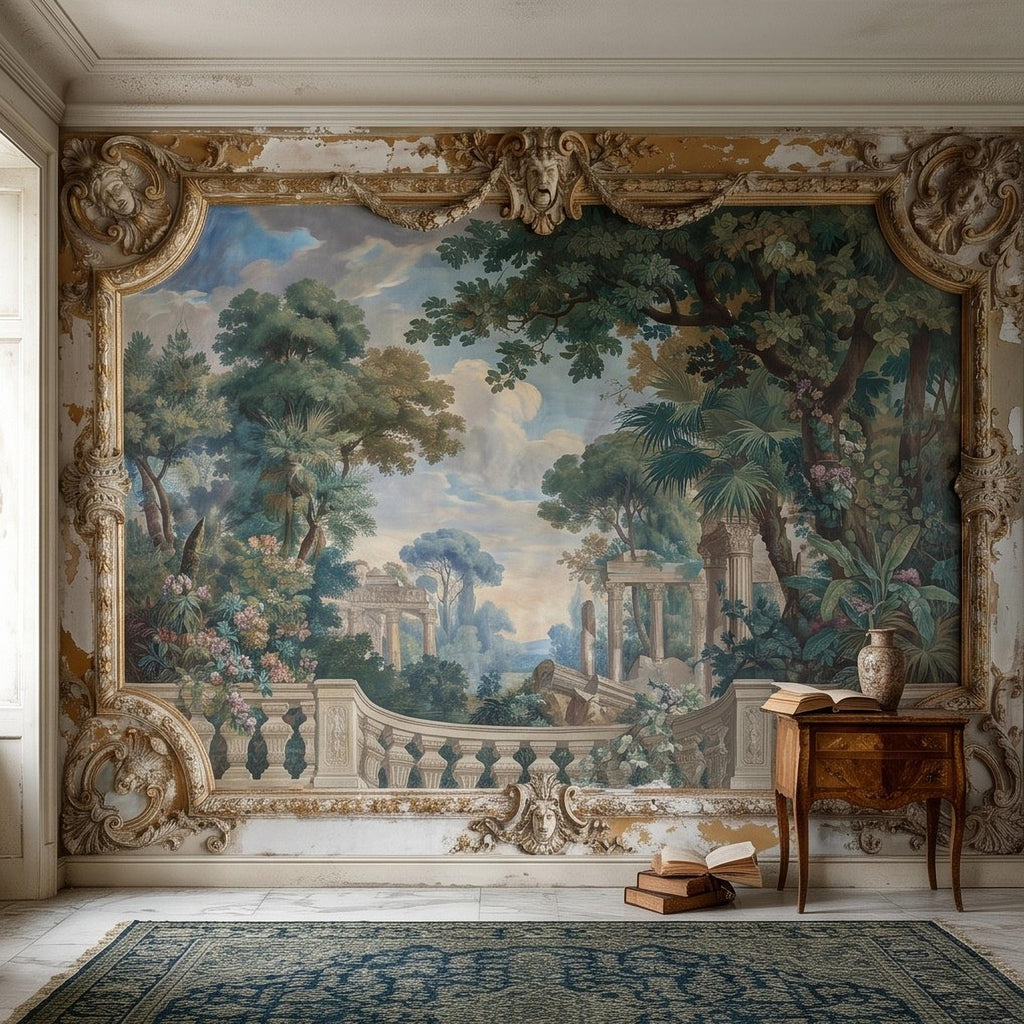 Baroque Garden Fresco Peel and Stick Wall Mural, Antique Classical Landscape Palace Ruins Trompe L'Oeil Wallpaper
