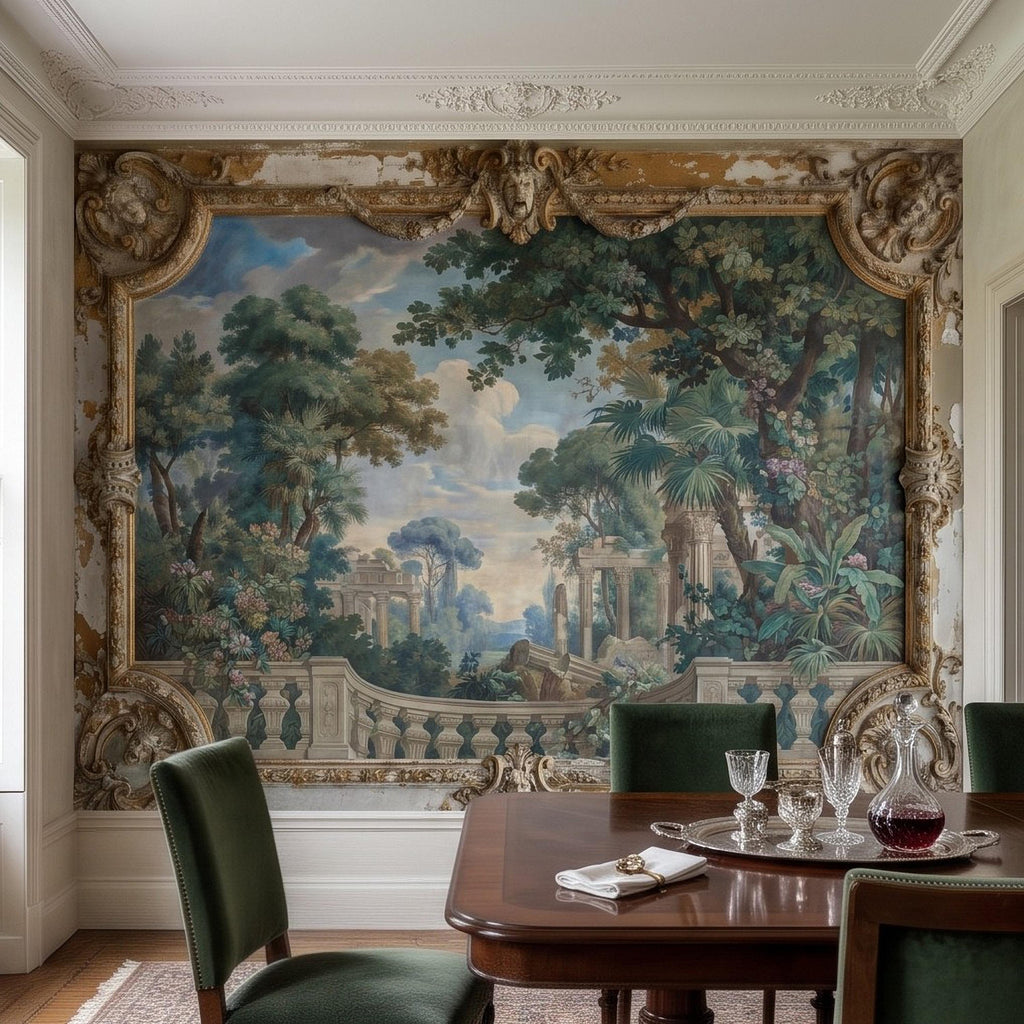 Baroque Garden Fresco Peel and Stick Wall Mural, Antique Classical Landscape Palace Ruins Trompe L'Oeil Wallpaper