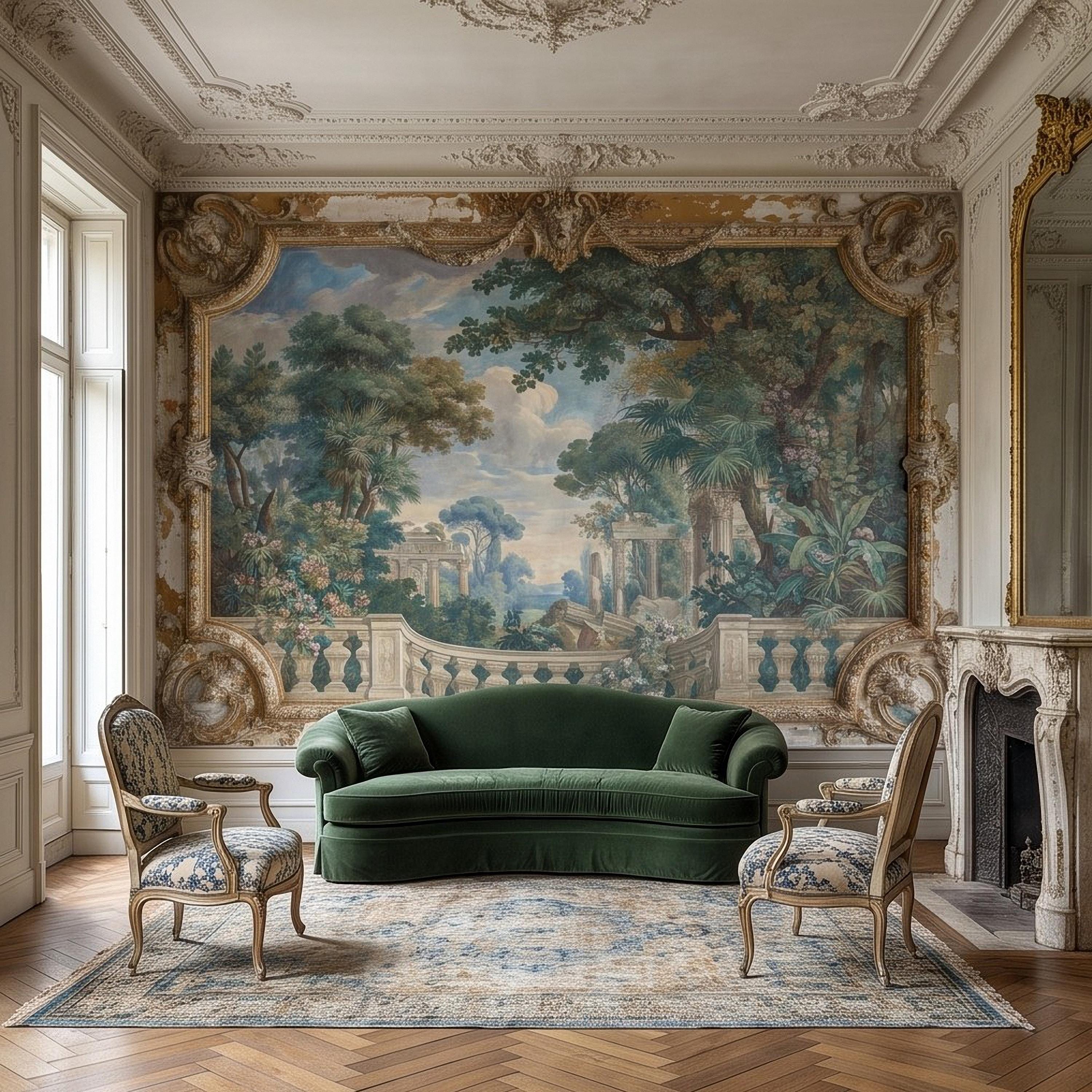 Baroque Garden Fresco Peel and Stick Wall Mural, Antique Classical Landscape Palace Ruins Trompe L'Oeil Wallpaper