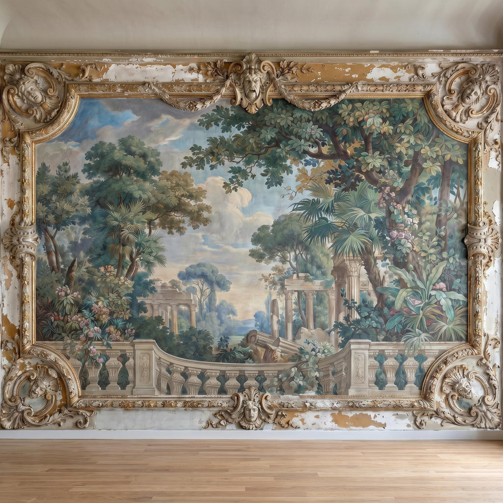 Baroque Garden Fresco Peel and Stick Wall Mural, Antique Classical Landscape Palace Ruins Trompe L'Oeil Wallpaper