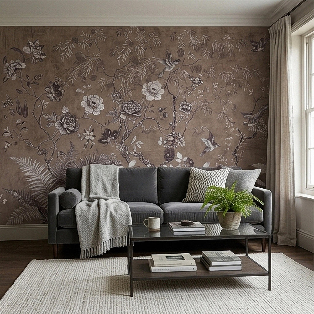 Chinoiserie Botanical Peel and Stick Wall Mural, Vintage Floral Birds Oriental Garden Neutral Beige Toile Wallpaper