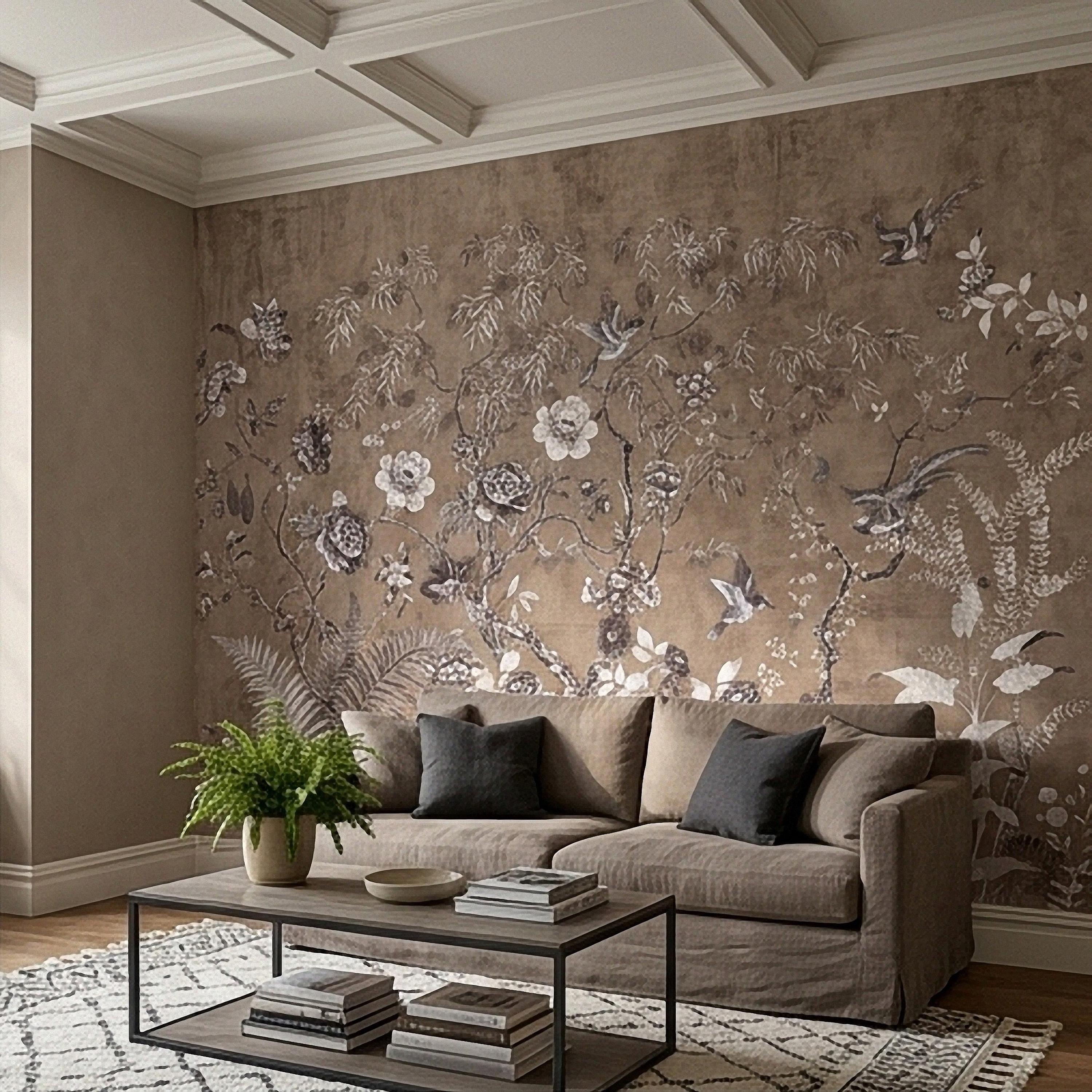 Chinoiserie Botanical Peel and Stick Wall Mural, Vintage Floral Birds Oriental Garden Neutral Beige Toile Wallpaper