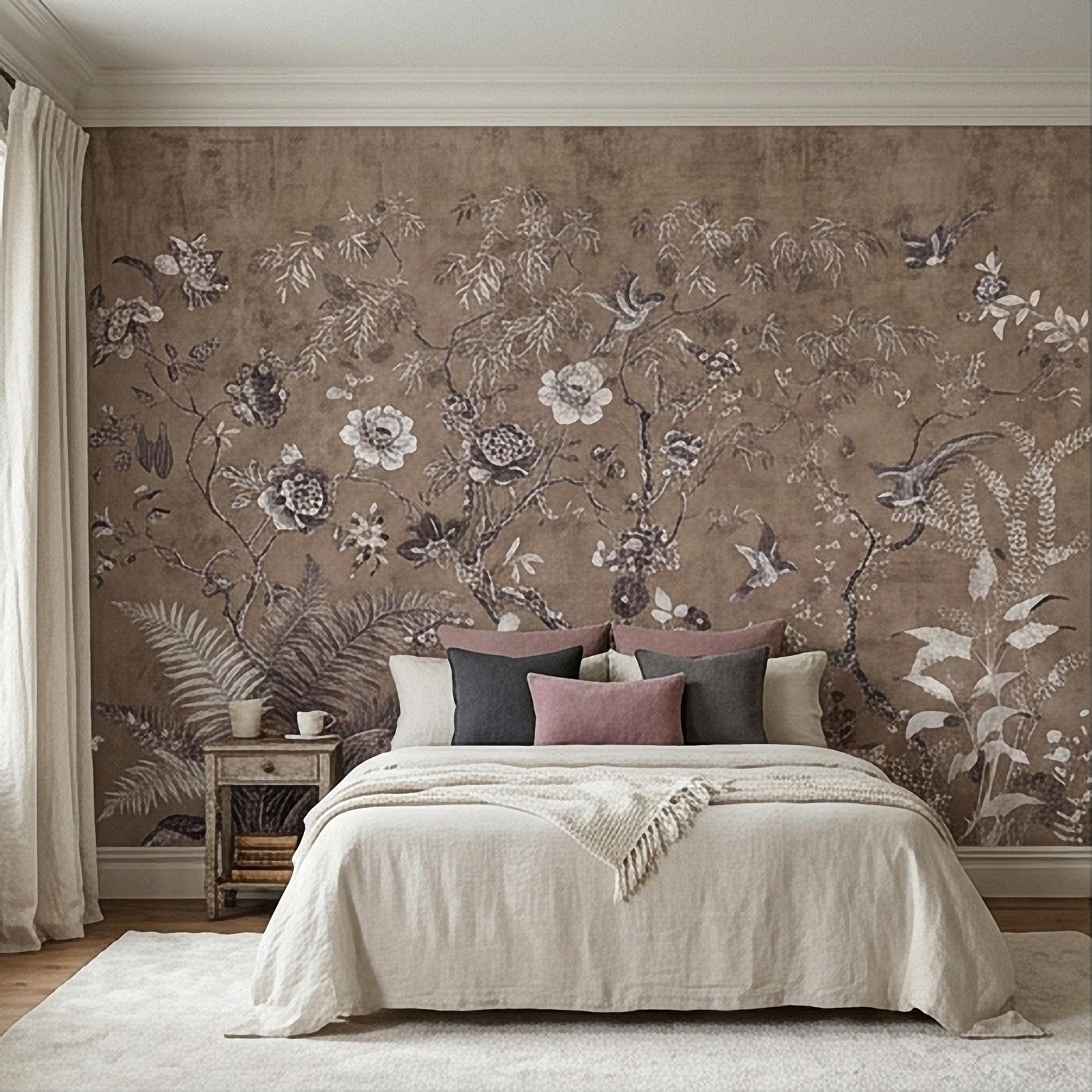 Chinoiserie Botanical Peel and Stick Wall Mural, Vintage Floral Birds Oriental Garden Neutral Beige Toile Wallpaper