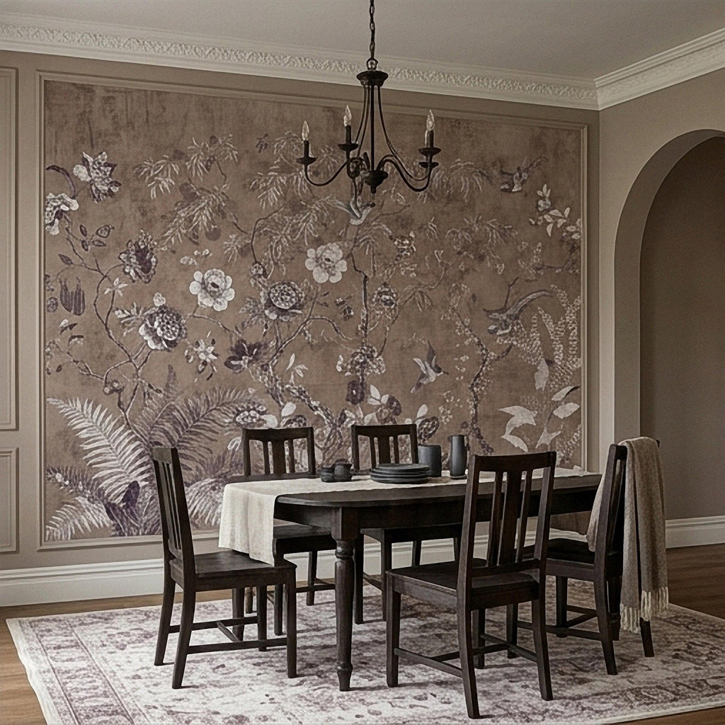 Chinoiserie Botanical Peel and Stick Wall Mural, Vintage Floral Birds Oriental Garden Neutral Beige Toile Wallpaper