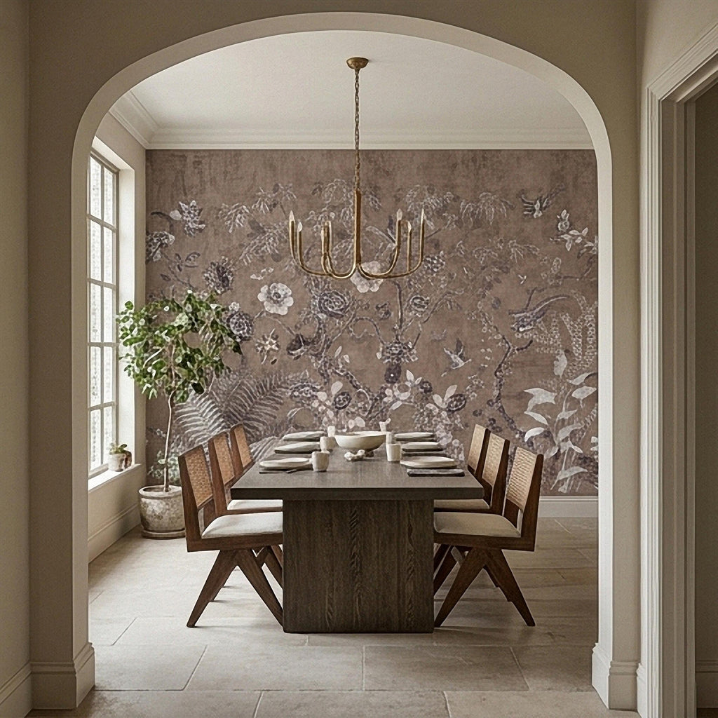 Chinoiserie Botanical Peel and Stick Wall Mural, Vintage Floral Birds Oriental Garden Neutral Beige Toile Wallpaper