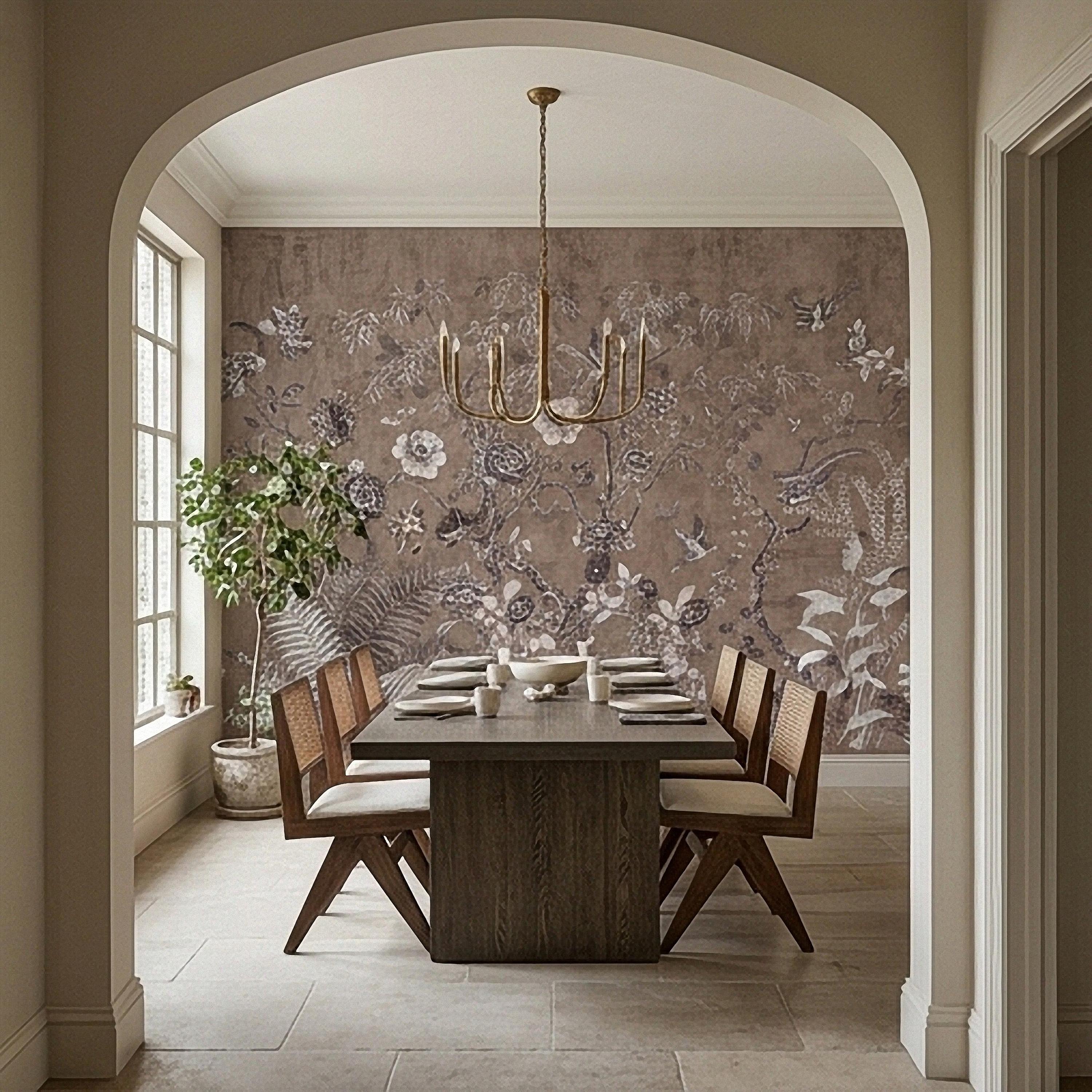 Chinoiserie Botanical Peel and Stick Wall Mural, Vintage Floral Birds Oriental Garden Neutral Beige Toile Wallpaper