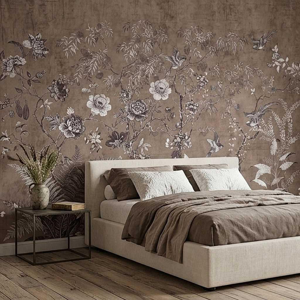 Chinoiserie Botanical Peel and Stick Wall Mural, Vintage Floral Birds Oriental Garden Neutral Beige Toile Wallpaper