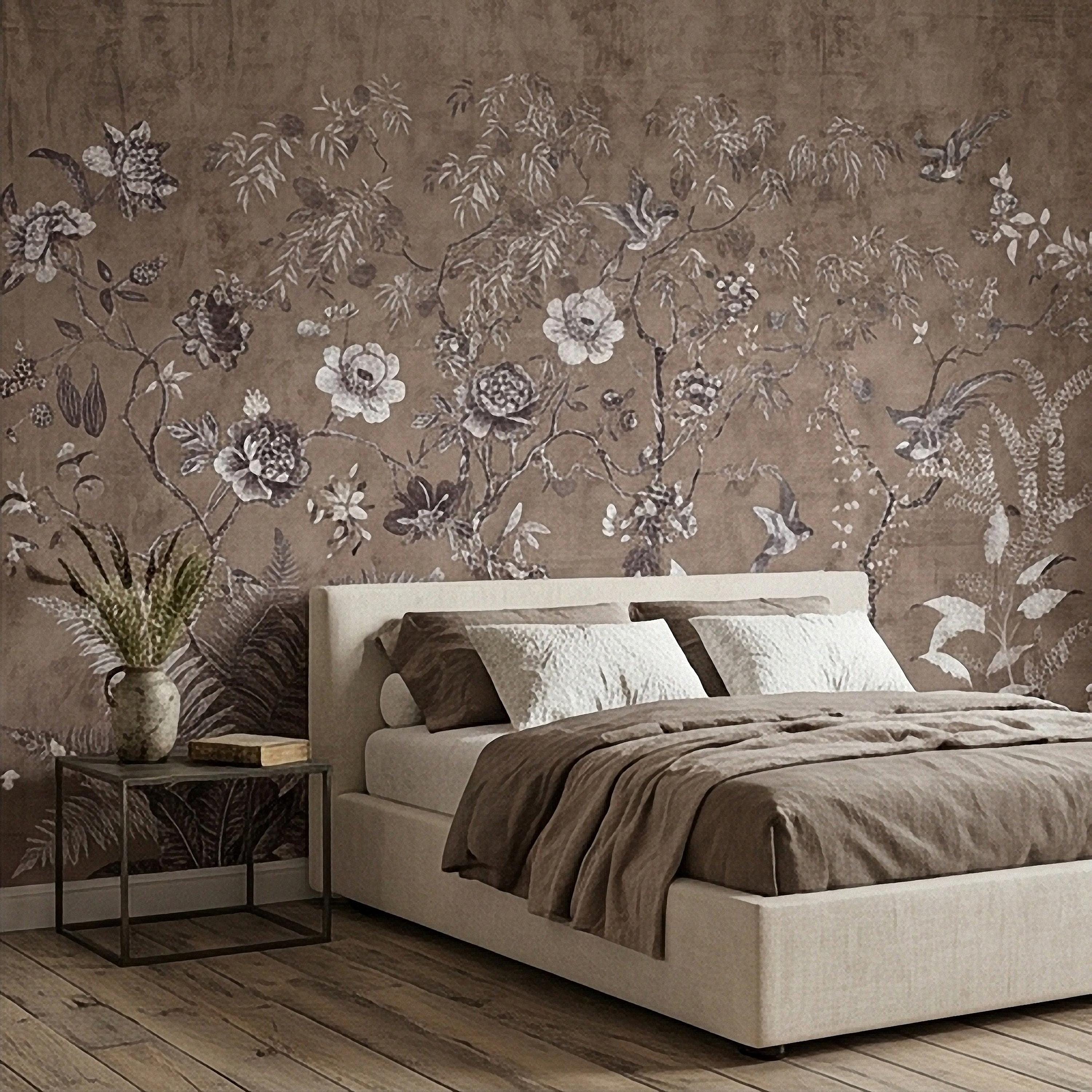 Chinoiserie Botanical Peel and Stick Wall Mural, Vintage Floral Birds Oriental Garden Neutral Beige Toile Wallpaper