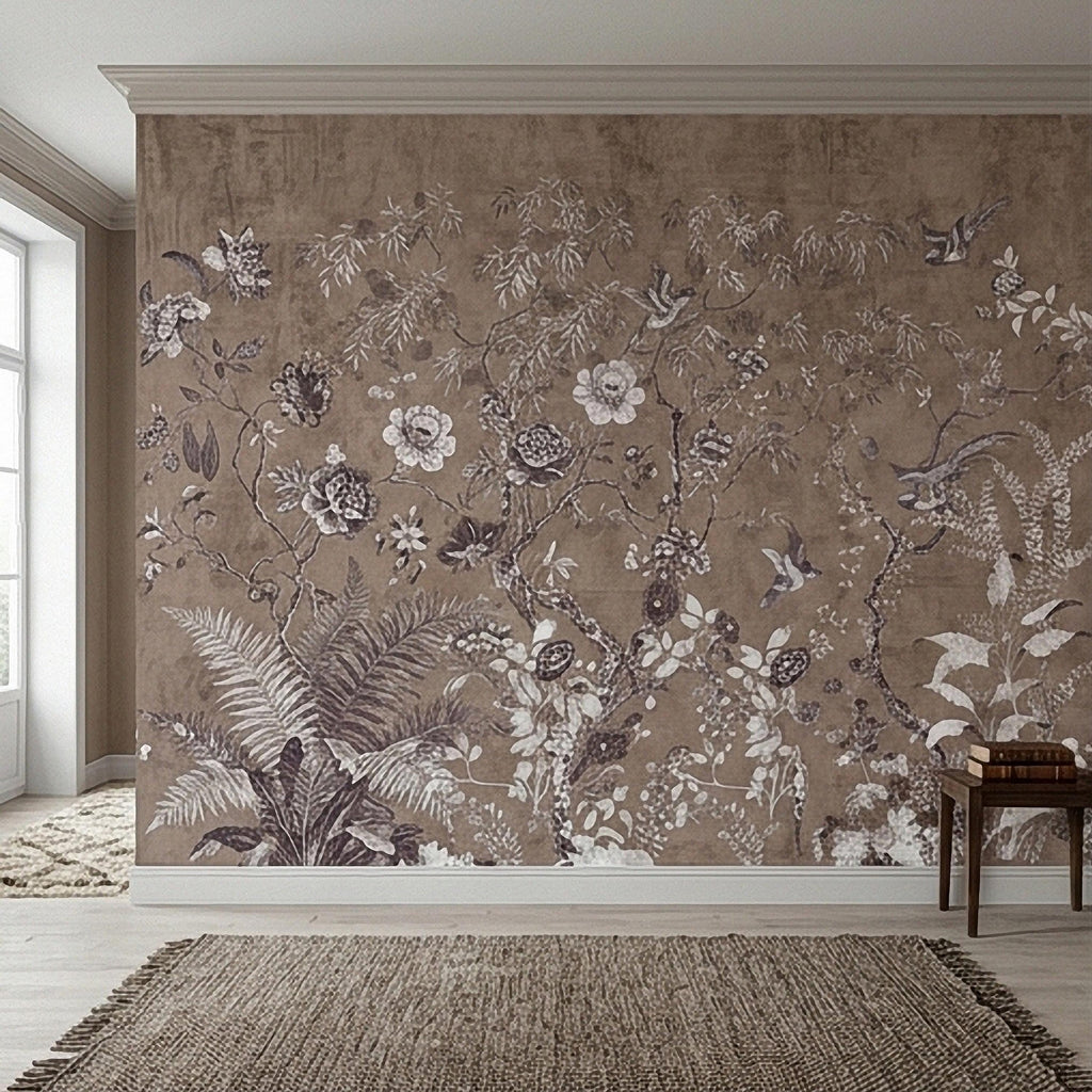 Chinoiserie Botanical Peel and Stick Wall Mural, Vintage Floral Birds Oriental Garden Neutral Beige Toile Wallpaper