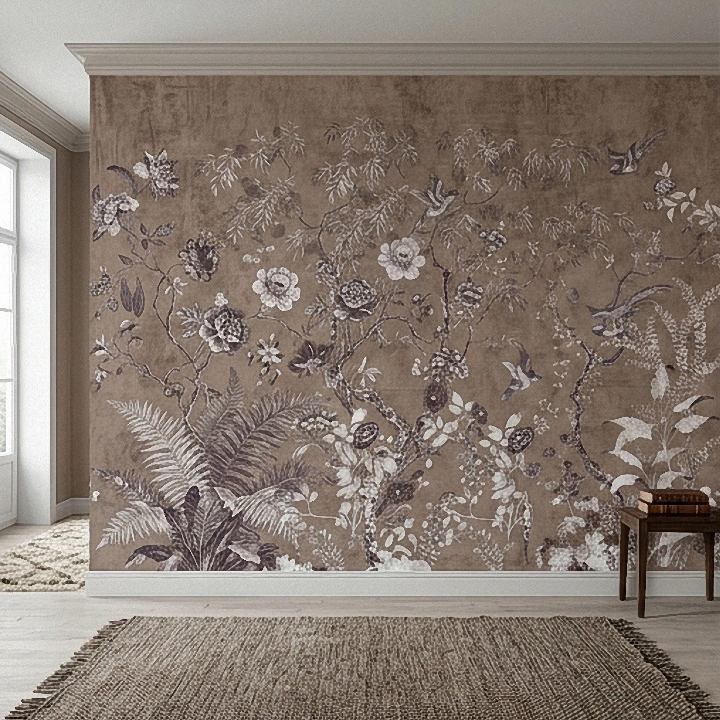 Chinoiserie Botanical Peel and Stick Wall Mural, Vintage Floral Birds Oriental Garden Neutral Beige Toile Wallpaper