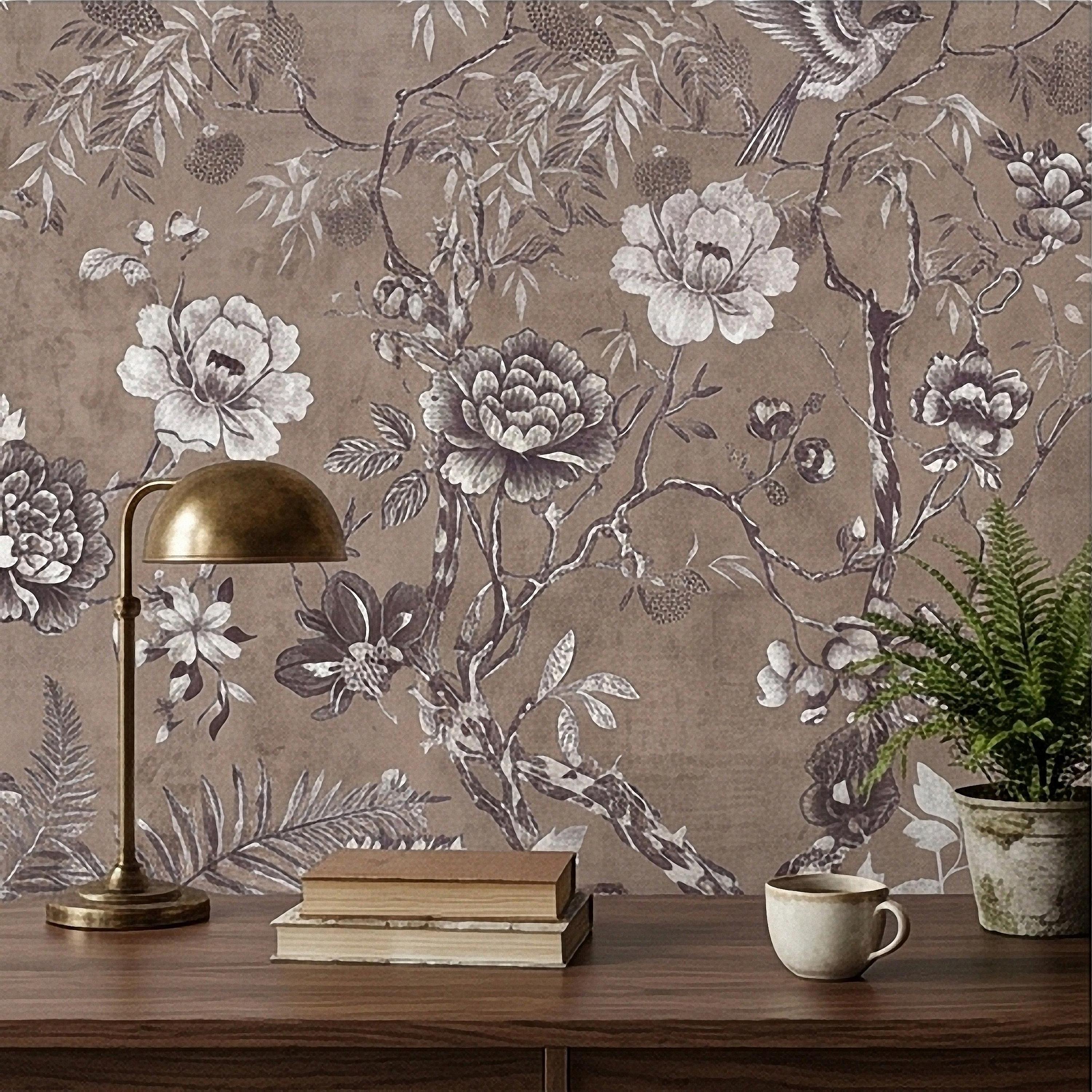 Chinoiserie Botanical Peel and Stick Wall Mural, Vintage Floral Birds Oriental Garden Neutral Beige Toile Wallpaper