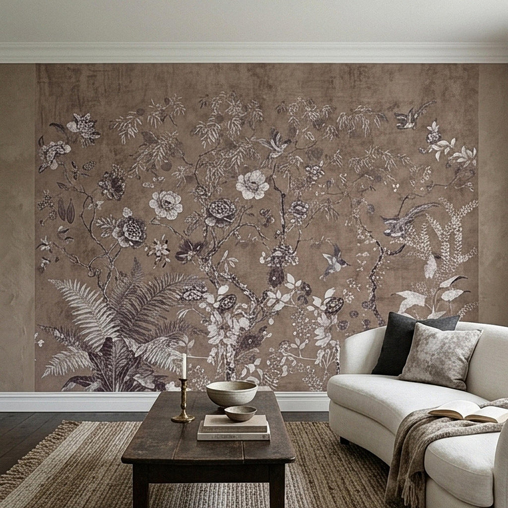 Chinoiserie Botanical Peel and Stick Wall Mural, Vintage Floral Birds Oriental Garden Neutral Beige Toile Wallpaper