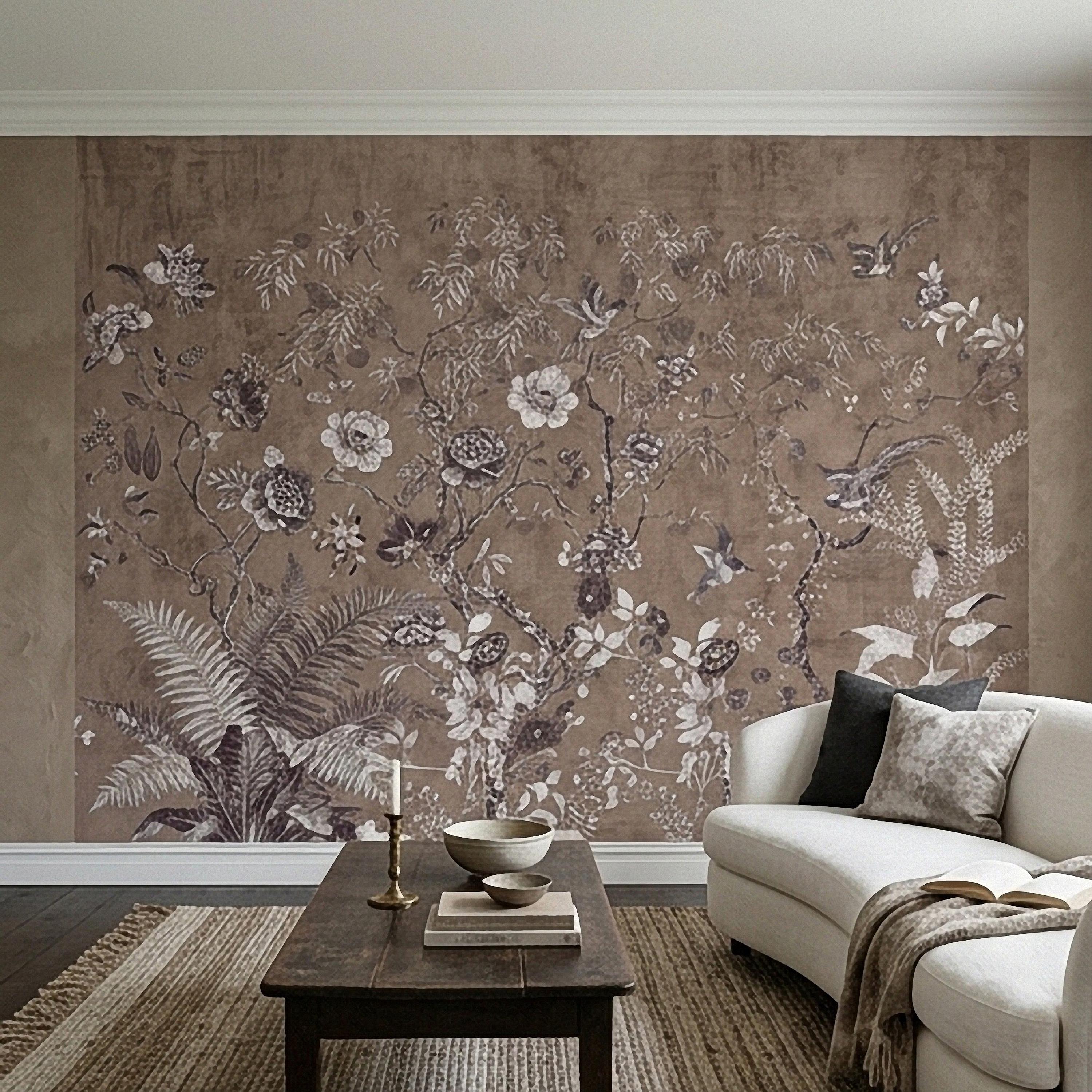 Chinoiserie Botanical Peel and Stick Wall Mural, Vintage Floral Birds Oriental Garden Neutral Beige Toile Wallpaper