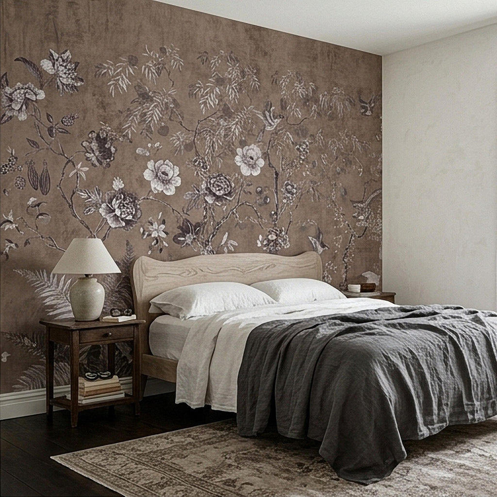 Chinoiserie Botanical Peel and Stick Wall Mural, Vintage Floral Birds Oriental Garden Neutral Beige Toile Wallpaper