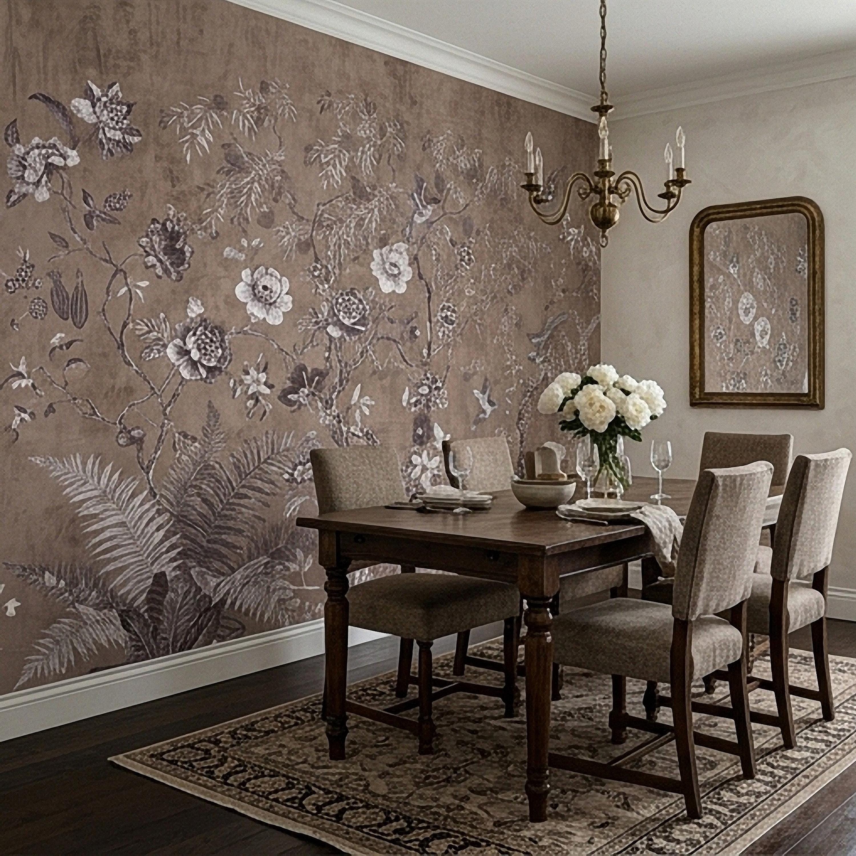 Chinoiserie Botanical Peel and Stick Wall Mural, Vintage Floral Birds Oriental Garden Neutral Beige Toile Wallpaper