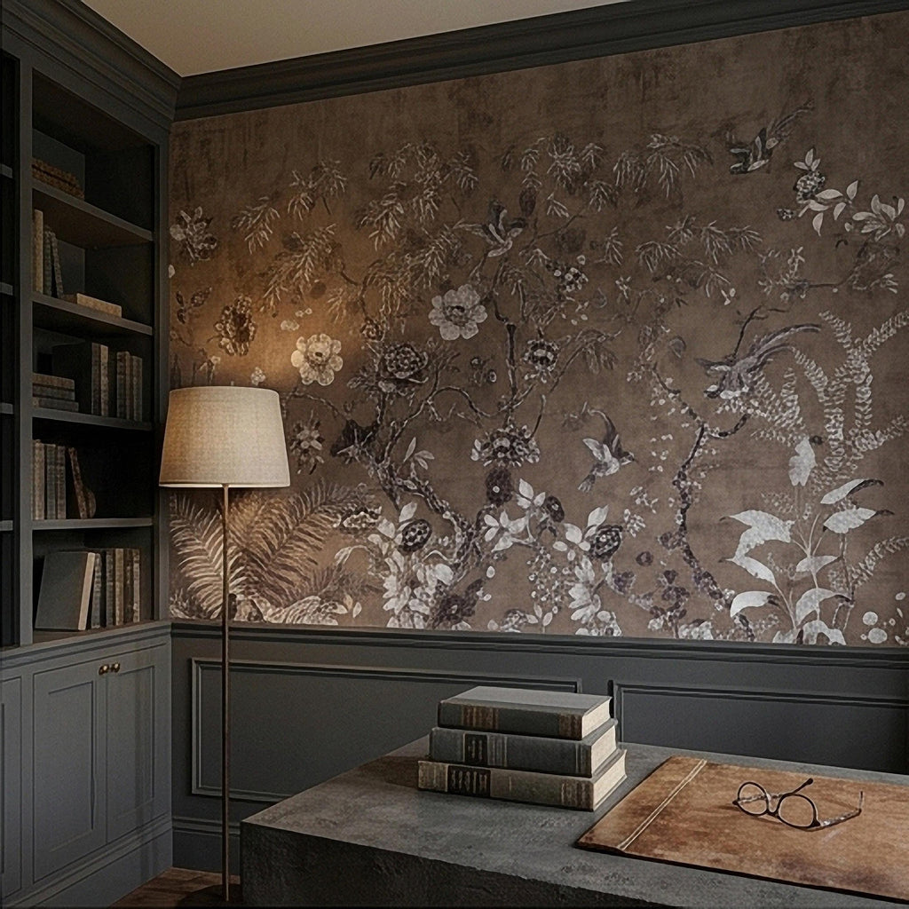 Chinoiserie Botanical Peel and Stick Wall Mural, Vintage Floral Birds Oriental Garden Neutral Beige Toile Wallpaper
