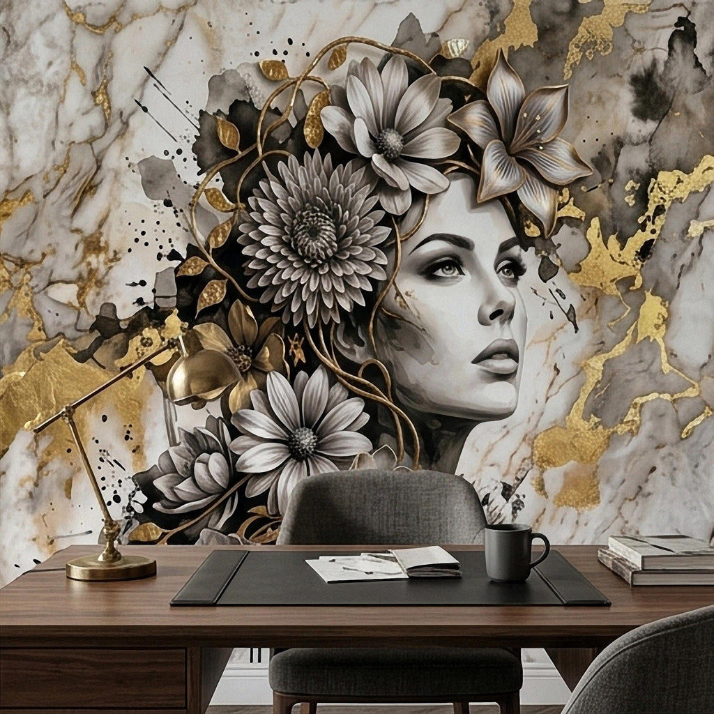 Abstract Floral Woman Peel and Stick Wall Mural, Black White Gold Marble Texture Elegant Botanical Portrait Wallpaper