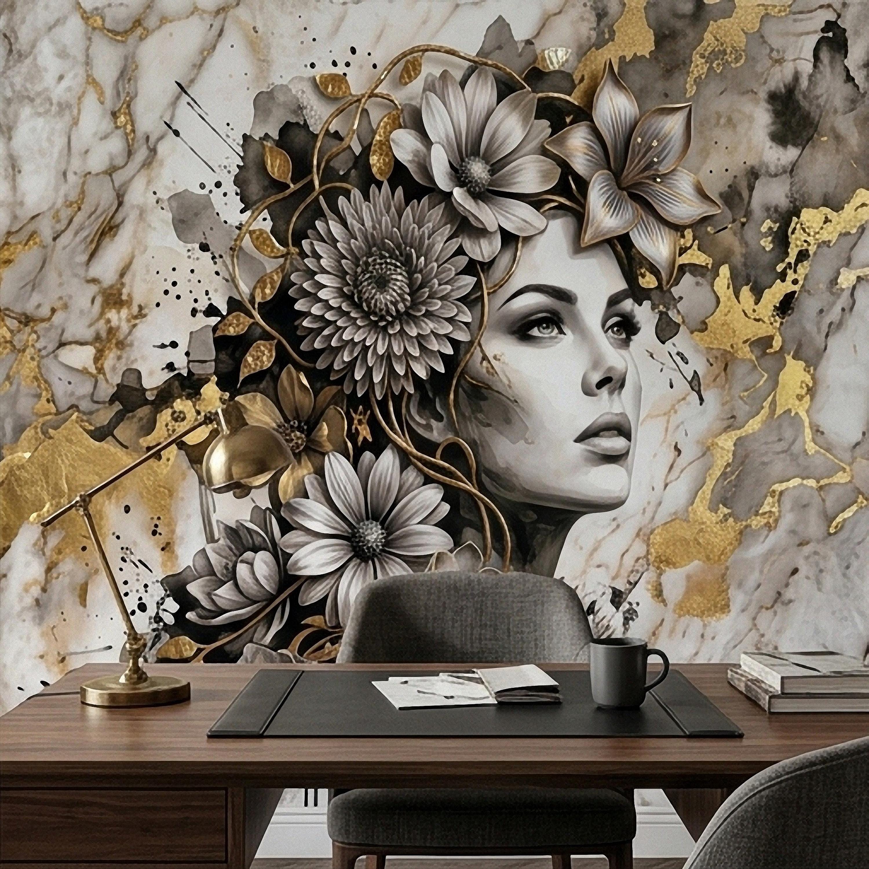 Abstract Floral Woman Peel and Stick Wall Mural, Black White Gold Marble Texture Elegant Botanical Portrait Wallpaper