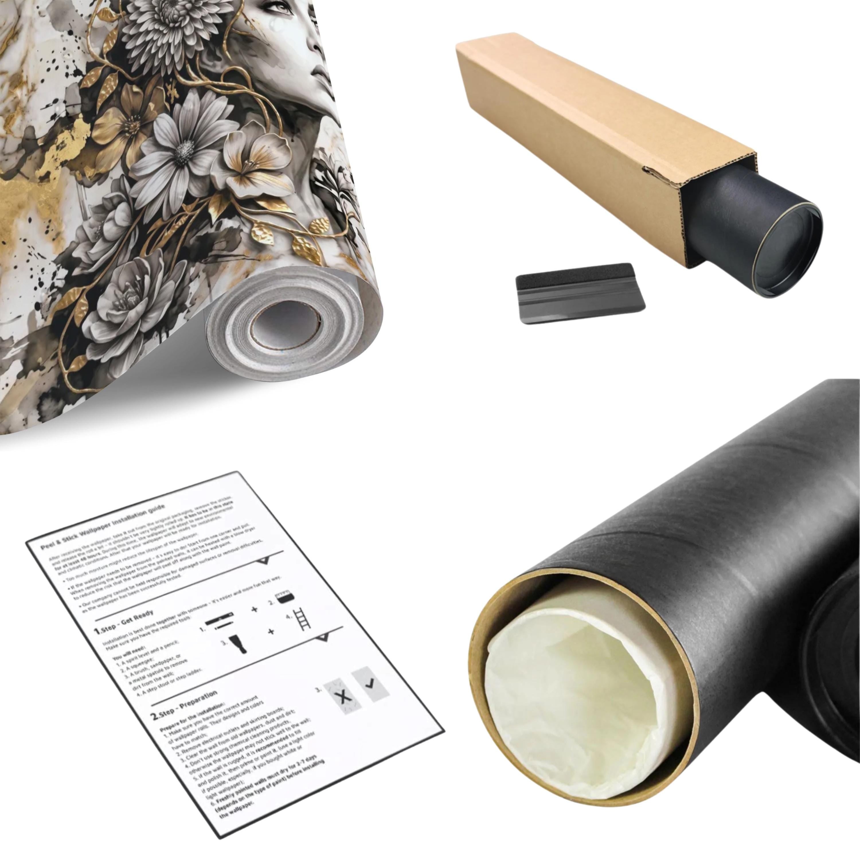 Abstract Floral Woman Peel and Stick Wall Mural, Black White Gold Marble Texture Elegant Botanical Portrait Wallpaper