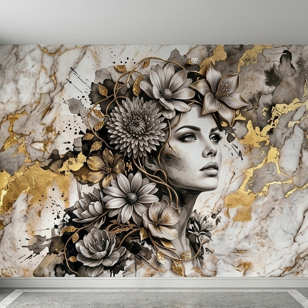 Abstract Floral Woman Peel and Stick Wall Mural, Black White Gold Marble Texture Elegant Botanical Portrait Wallpaper