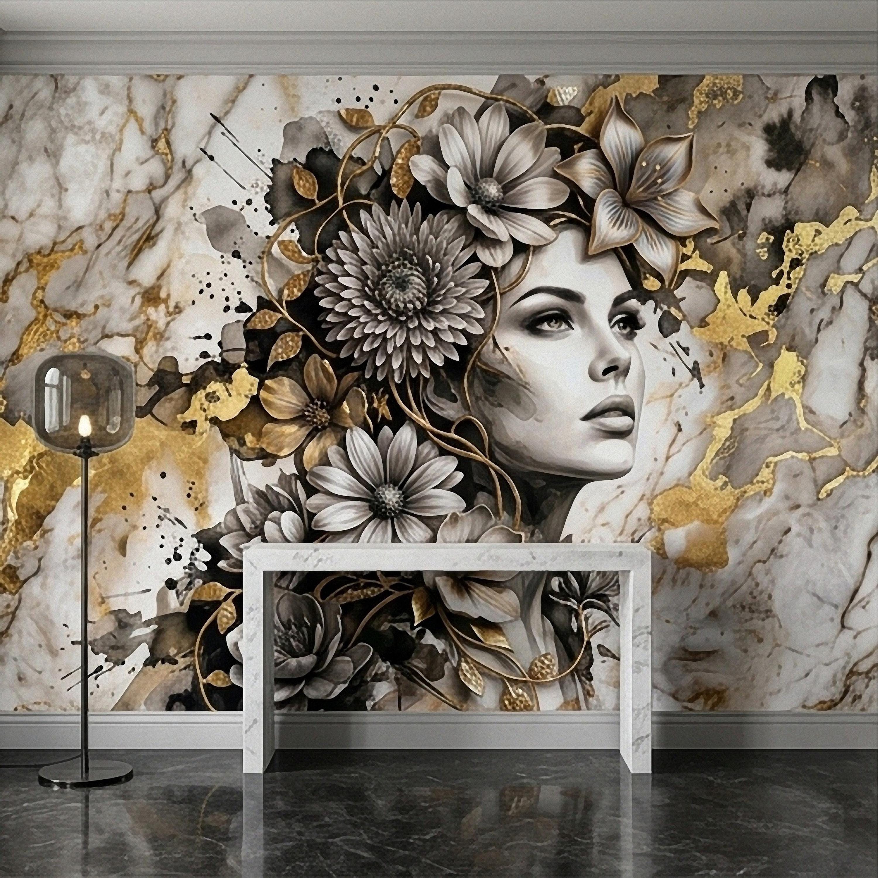 Abstract Floral Woman Peel and Stick Wall Mural, Black White Gold Marble Texture Elegant Botanical Portrait Wallpaper