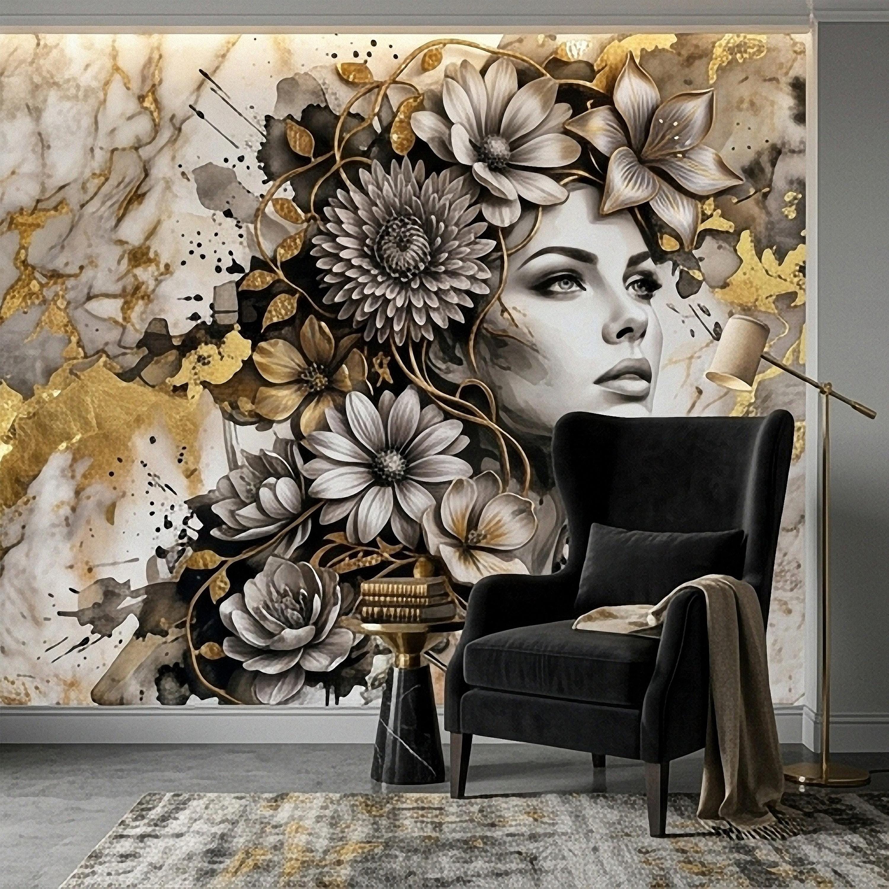 Abstract Floral Woman Peel and Stick Wall Mural, Black White Gold Marble Texture Elegant Botanical Portrait Wallpaper