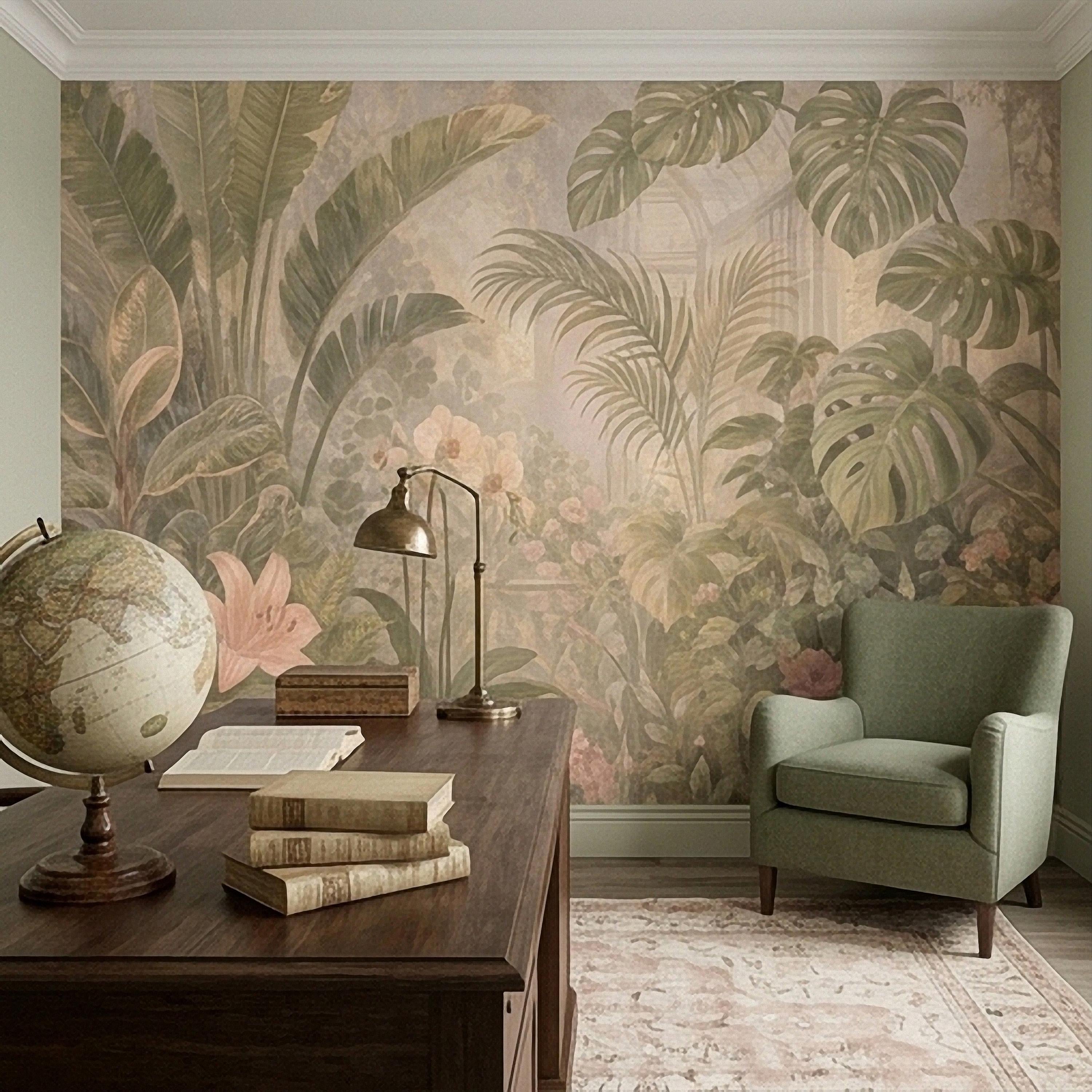 Tropical Botanical Peel and Stick Wall Mural, Vintage Greenhouse Monstera Banana Leaves Orchids Lush Garden Wallpaper