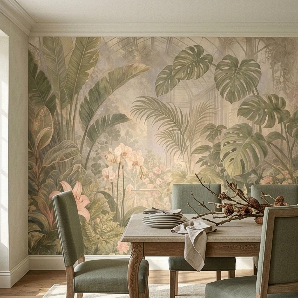 Tropical Botanical Peel and Stick Wall Mural, Vintage Greenhouse Monstera Banana Leaves Orchids Lush Garden Wallpaper