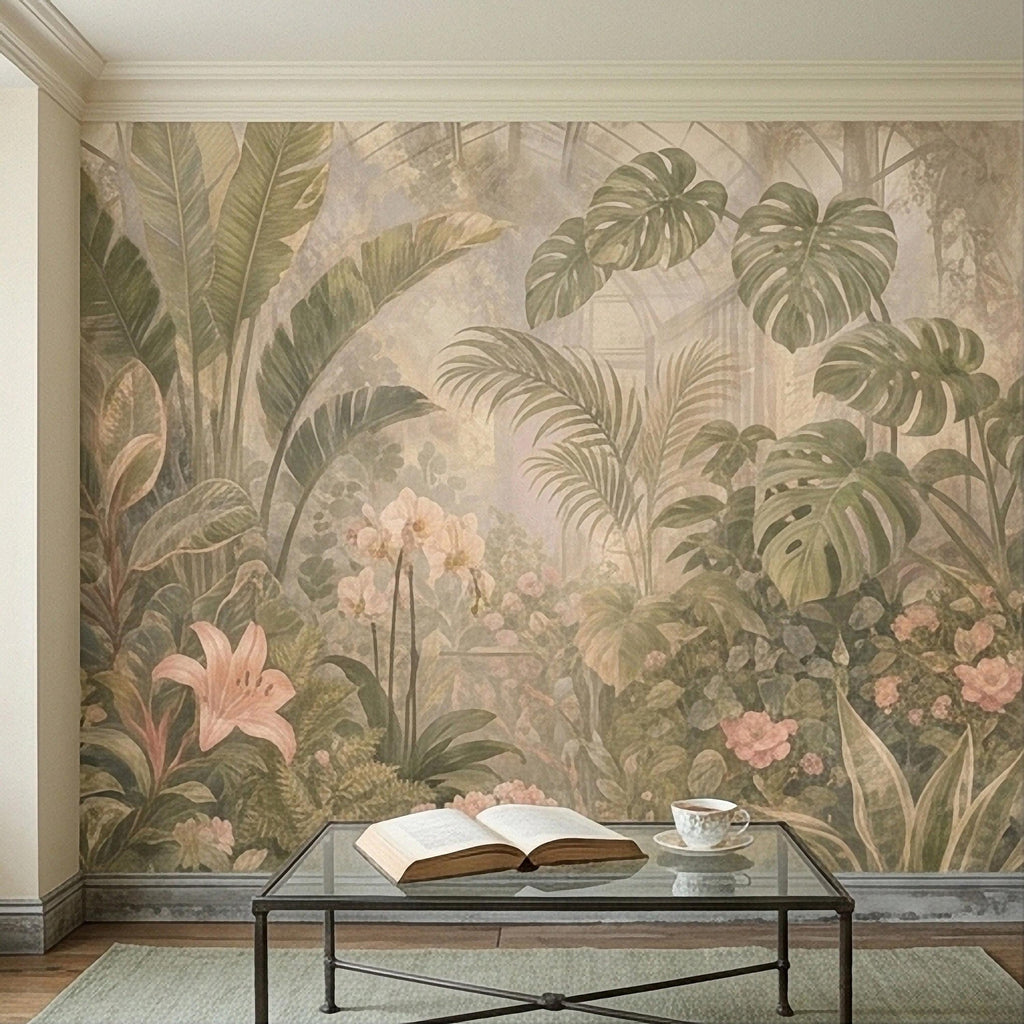 Tropical Botanical Peel and Stick Wall Mural, Vintage Greenhouse Monstera Banana Leaves Orchids Lush Garden Wallpaper