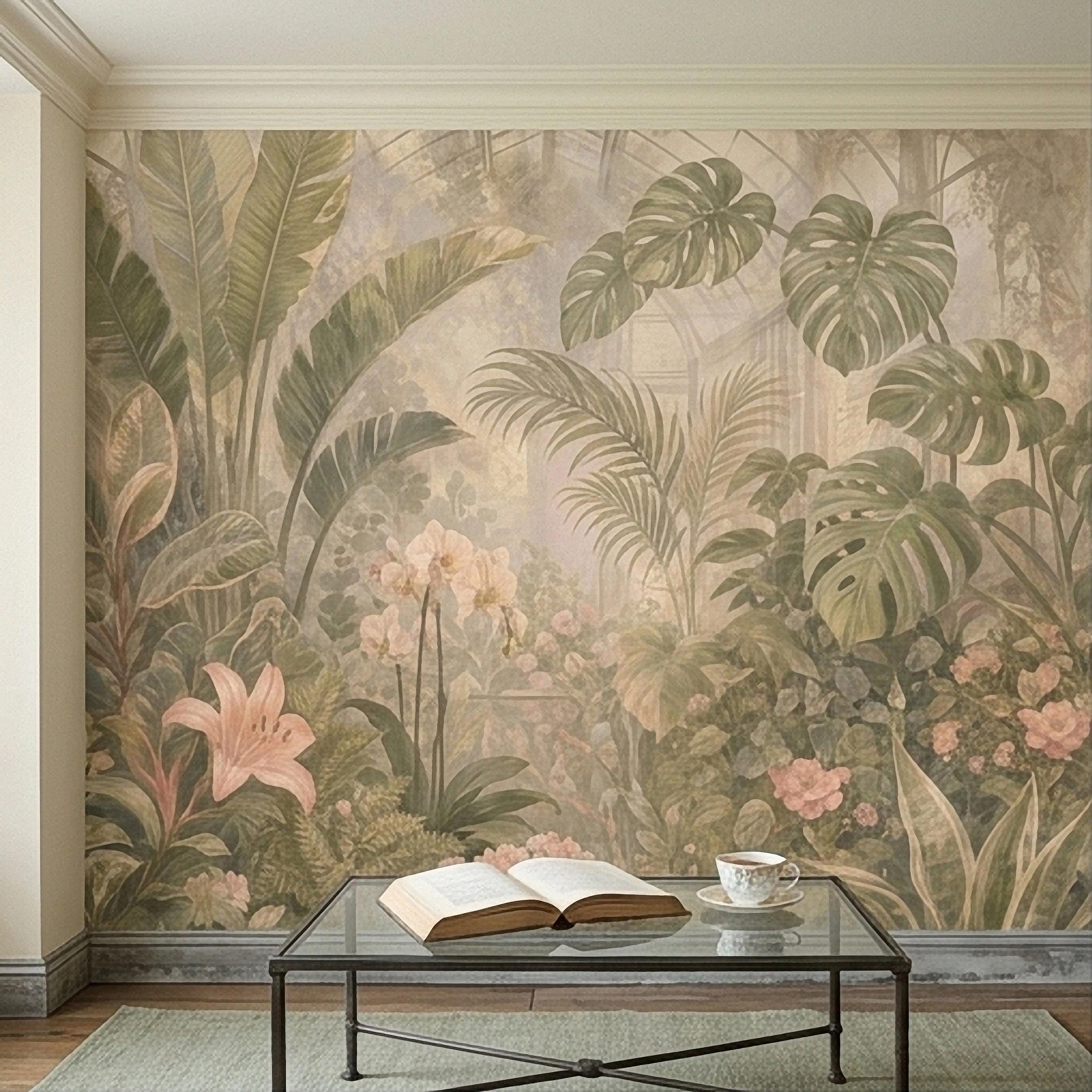 Tropical Botanical Peel and Stick Wall Mural, Vintage Greenhouse Monstera Banana Leaves Orchids Lush Garden Wallpaper