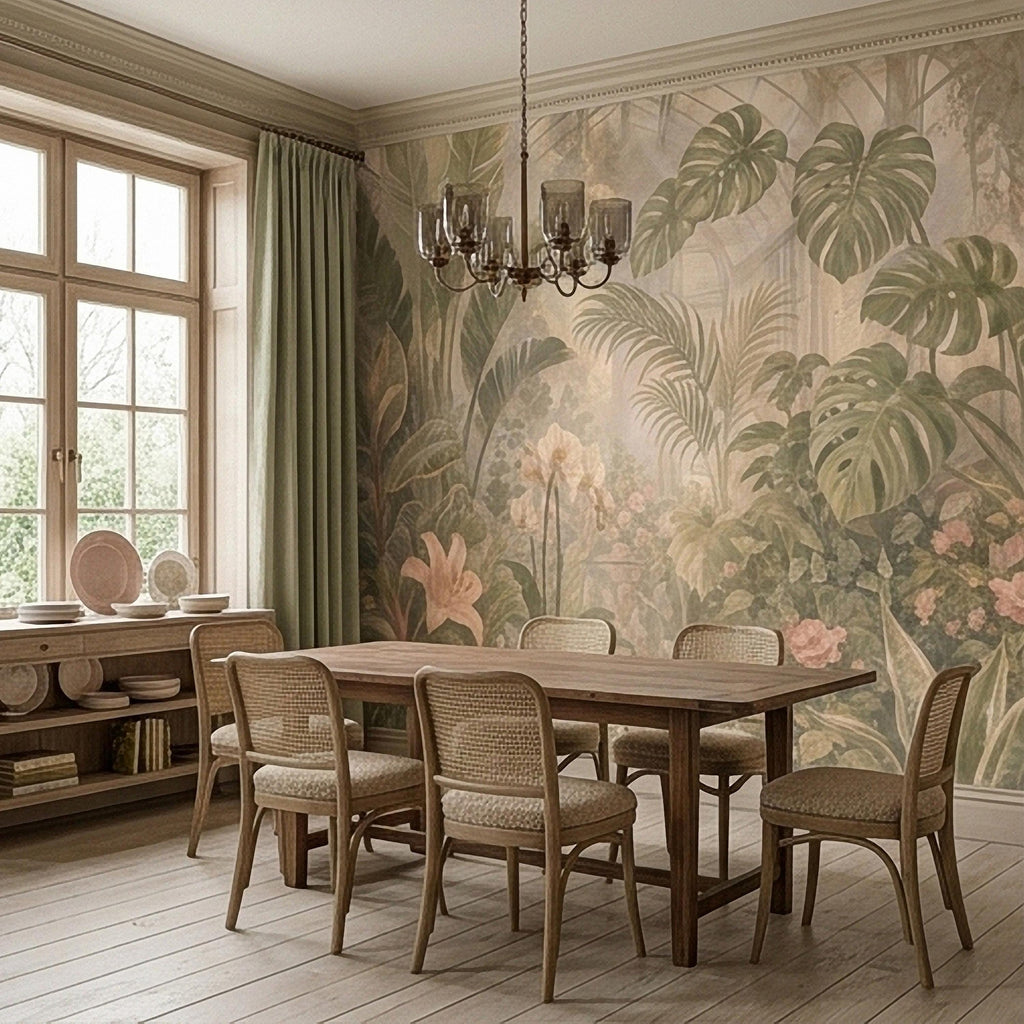 Tropical Botanical Peel and Stick Wall Mural, Vintage Greenhouse Monstera Banana Leaves Orchids Lush Garden Wallpaper