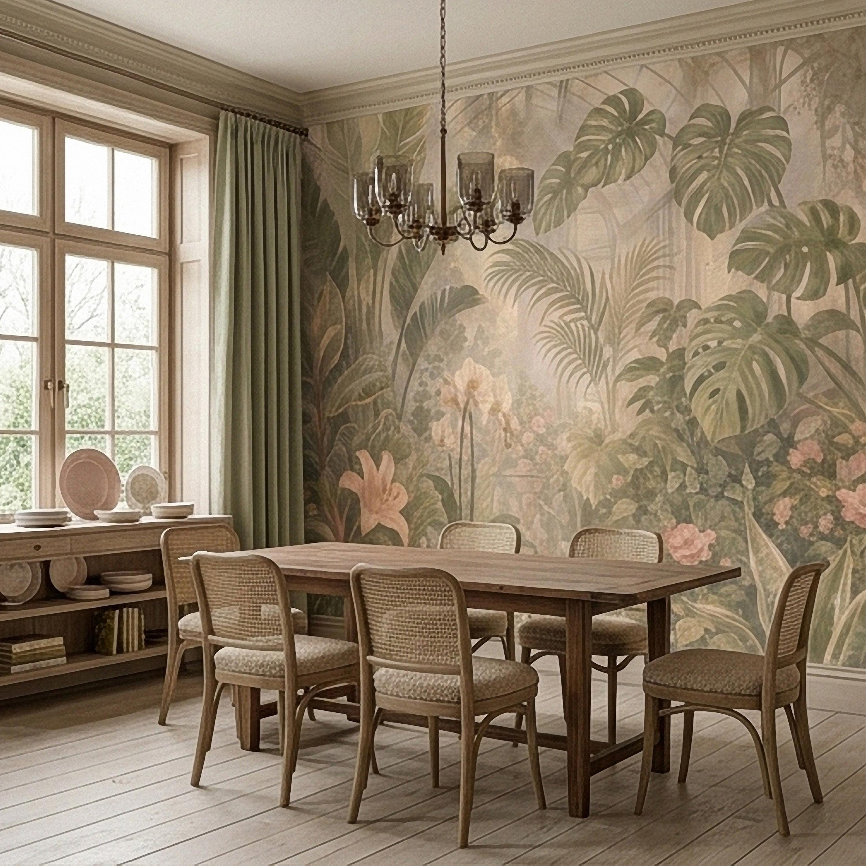 Tropical Botanical Peel and Stick Wall Mural, Vintage Greenhouse Monstera Banana Leaves Orchids Lush Garden Wallpaper