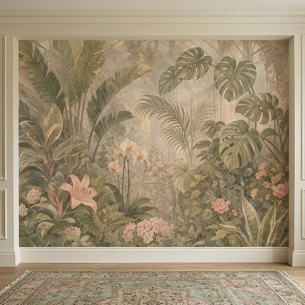 Tropical Botanical Peel and Stick Wall Mural, Vintage Greenhouse Monstera Banana Leaves Orchids Lush Garden Wallpaper