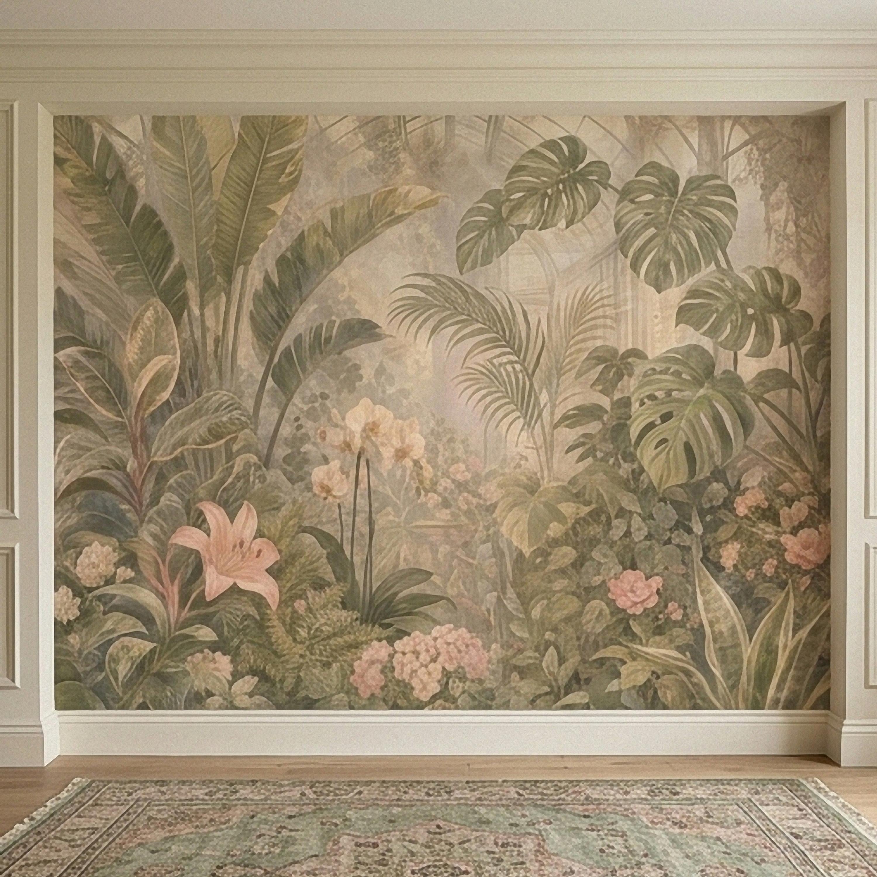 Tropical Botanical Peel and Stick Wall Mural, Vintage Greenhouse Monstera Banana Leaves Orchids Lush Garden Wallpaper