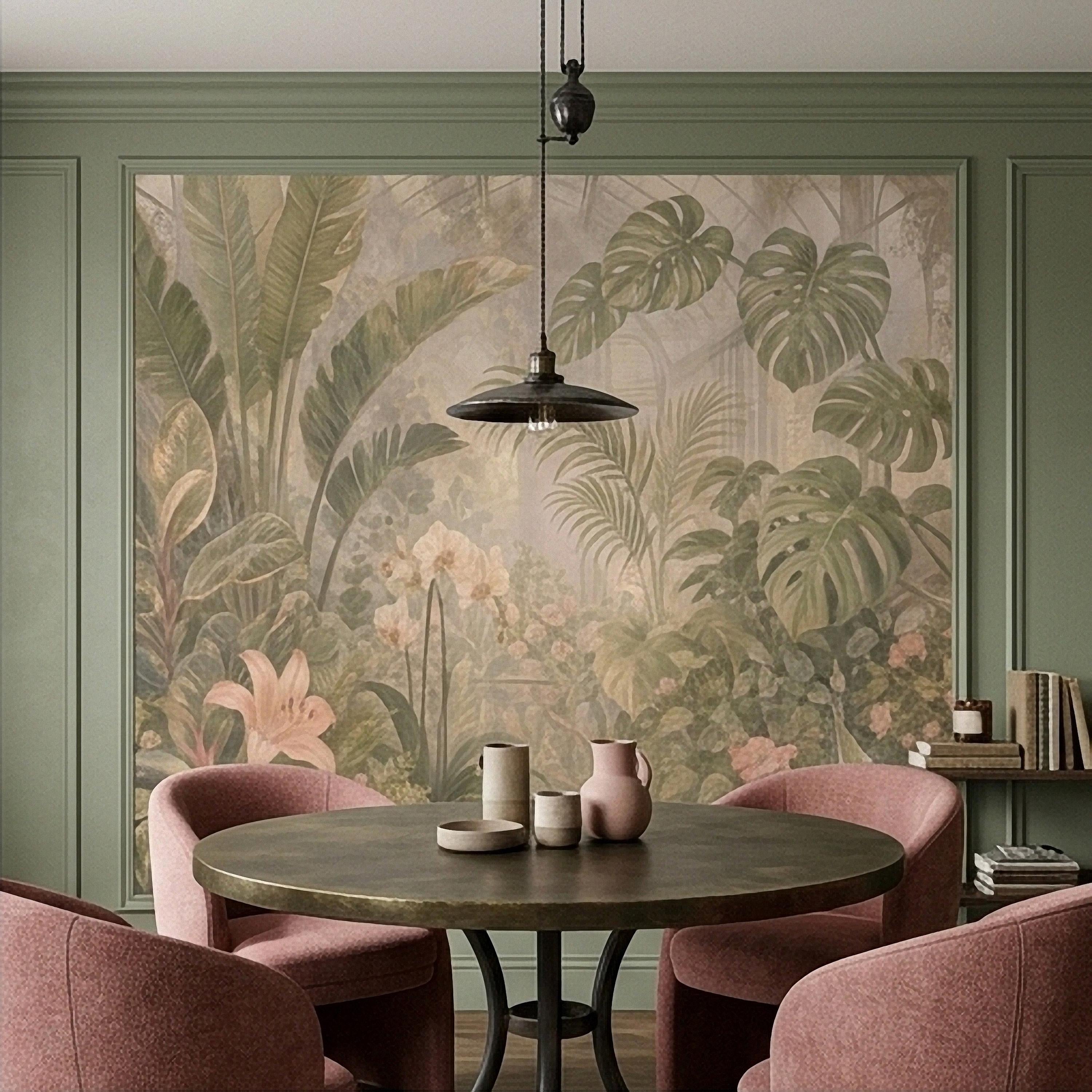 Tropical Botanical Peel and Stick Wall Mural, Vintage Greenhouse Monstera Banana Leaves Orchids Lush Garden Wallpaper