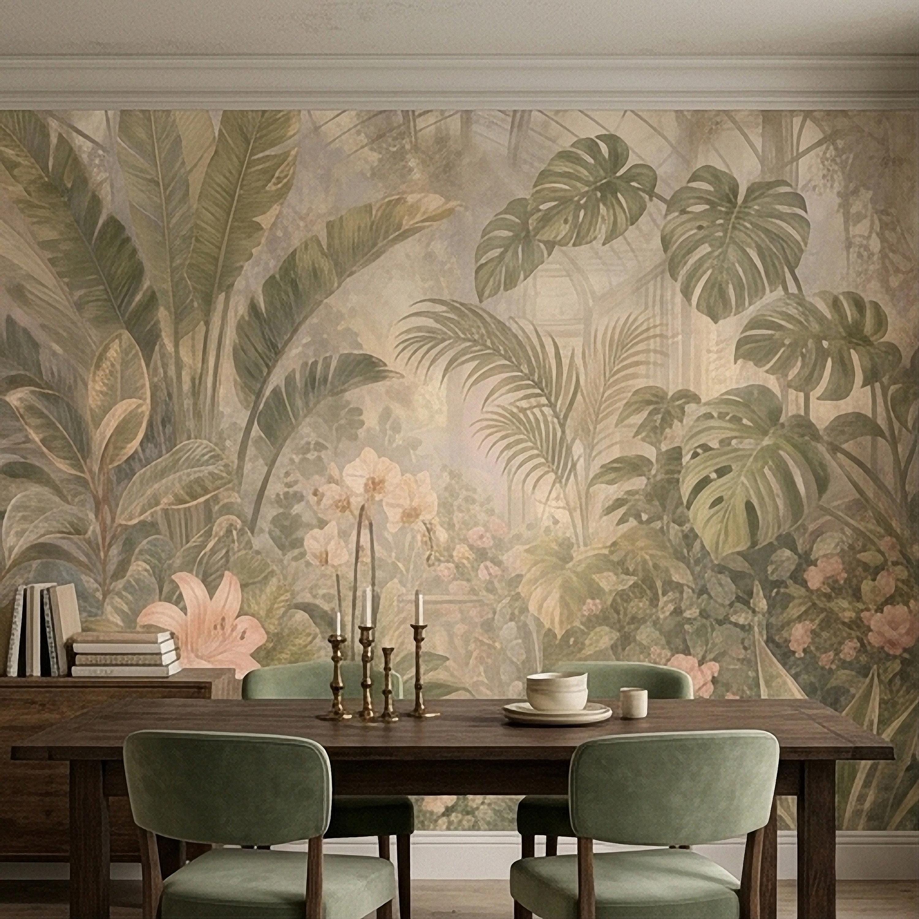 Tropical Botanical Peel and Stick Wall Mural, Vintage Greenhouse Monstera Banana Leaves Orchids Lush Garden Wallpaper