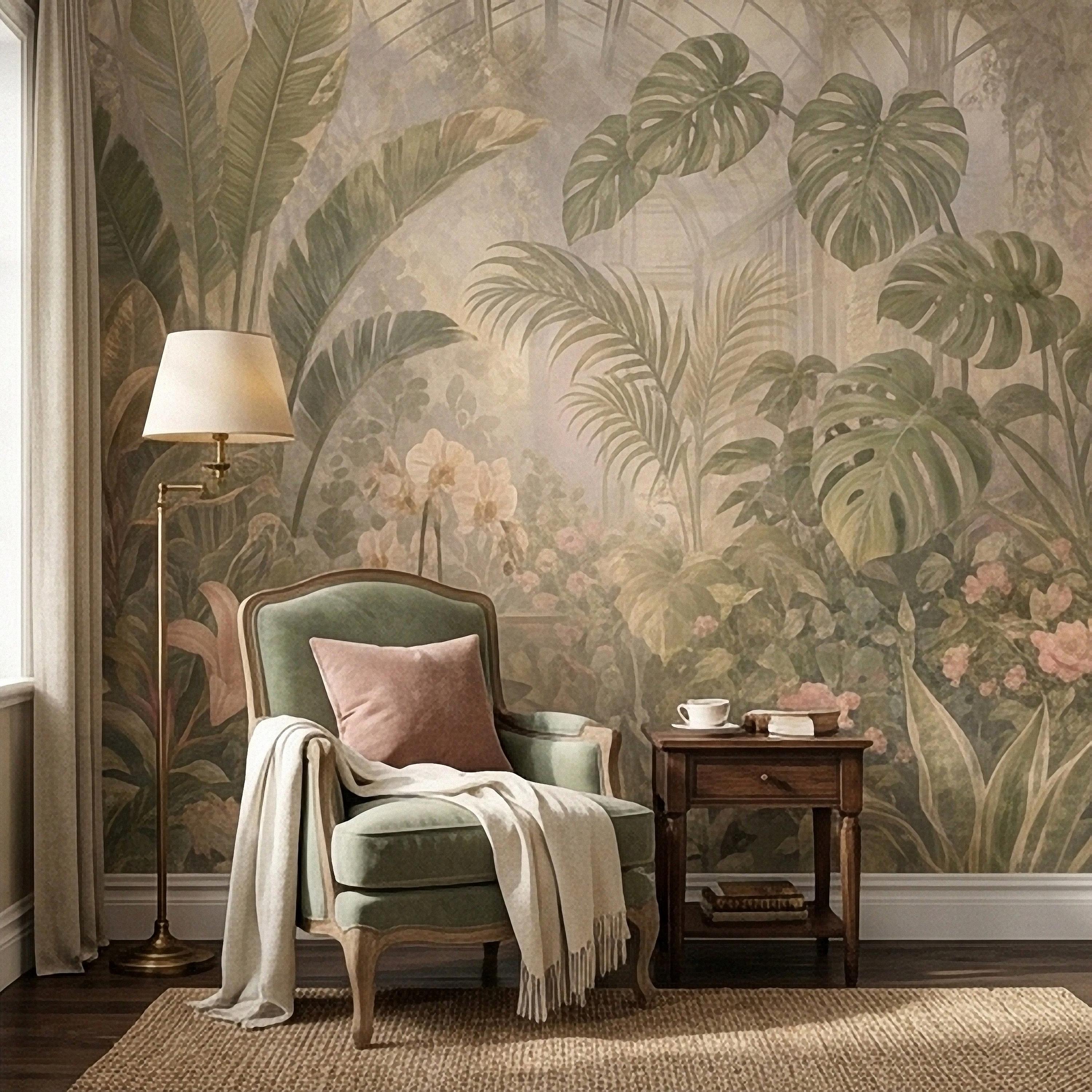 Tropical Botanical Peel and Stick Wall Mural, Vintage Greenhouse Monstera Banana Leaves Orchids Lush Garden Wallpaper