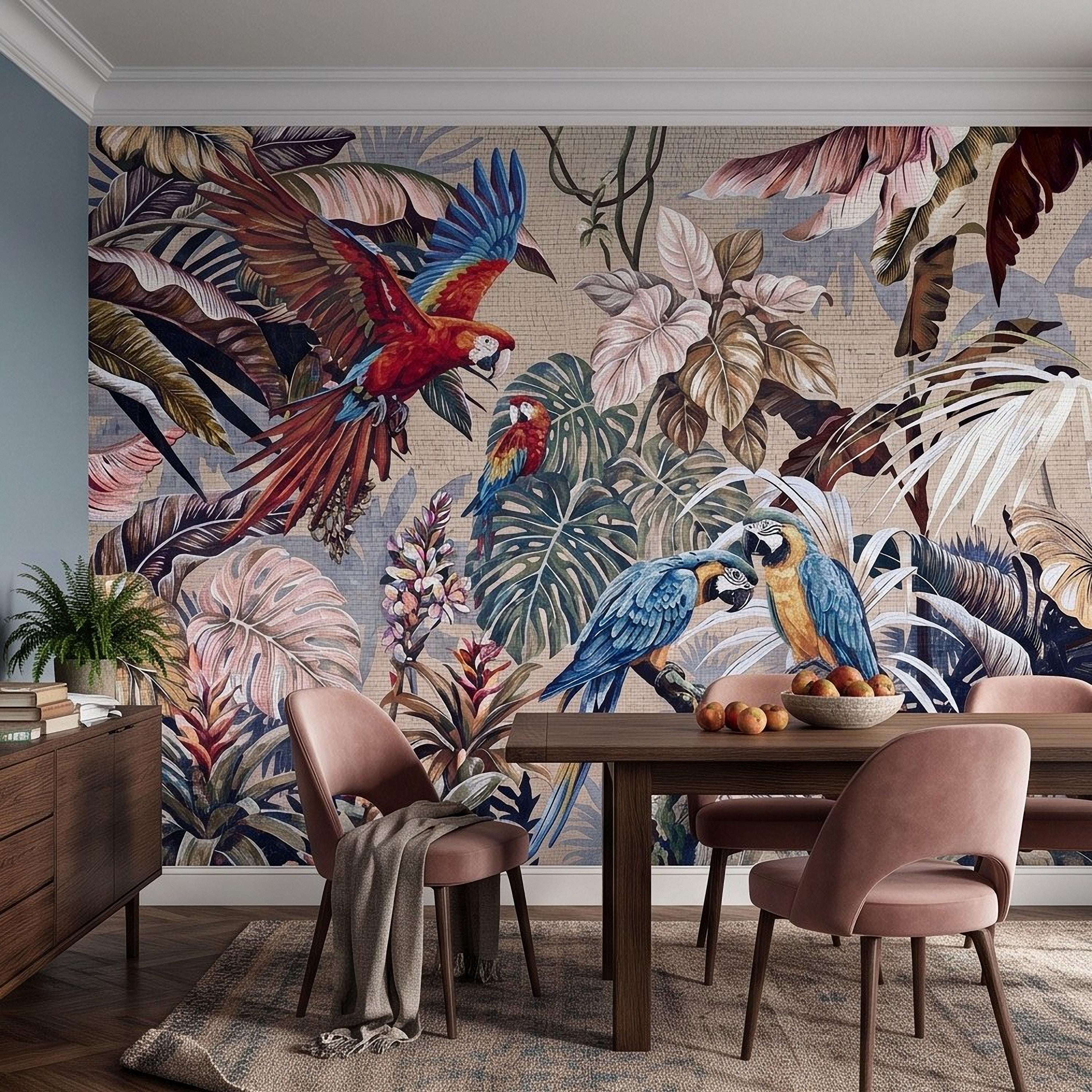 Tropical Macaw Peel and Stick Wall Mural, Exotic Parrots Monstera Banana Leaves Botanical Mosaic Wallpaper