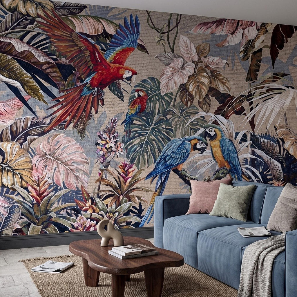 Tropical Macaw Peel and Stick Wall Mural, Exotic Parrots Monstera Banana Leaves Botanical Mosaic Wallpaper