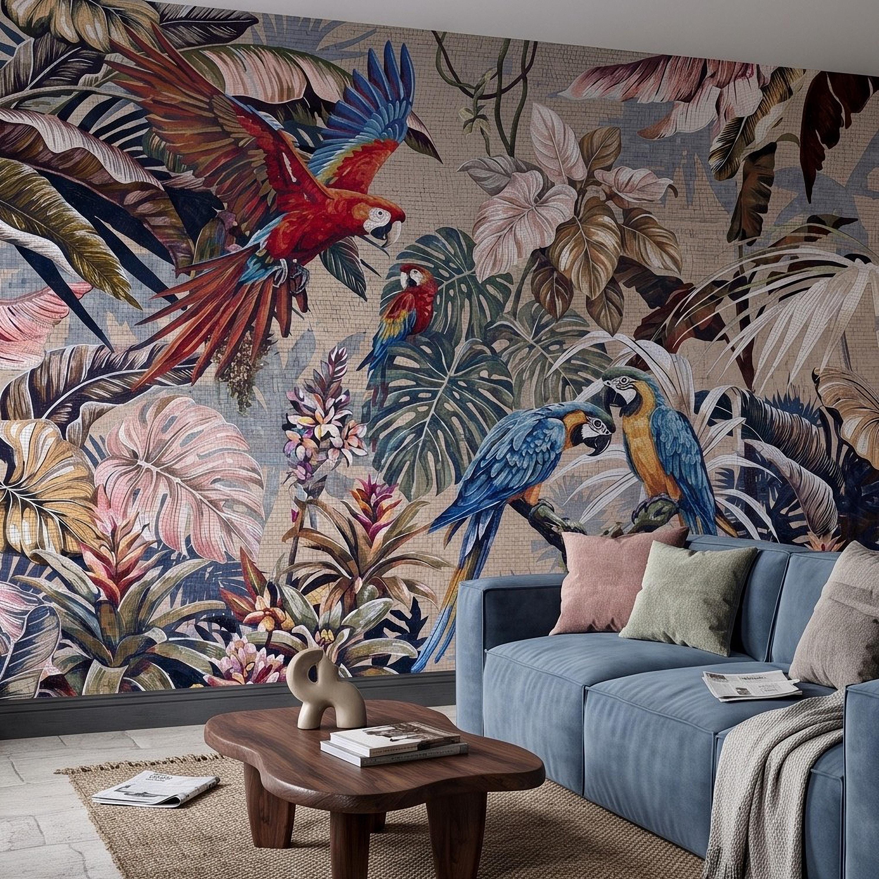 Tropical Macaw Peel and Stick Wall Mural, Exotic Parrots Monstera Banana Leaves Botanical Mosaic Wallpaper