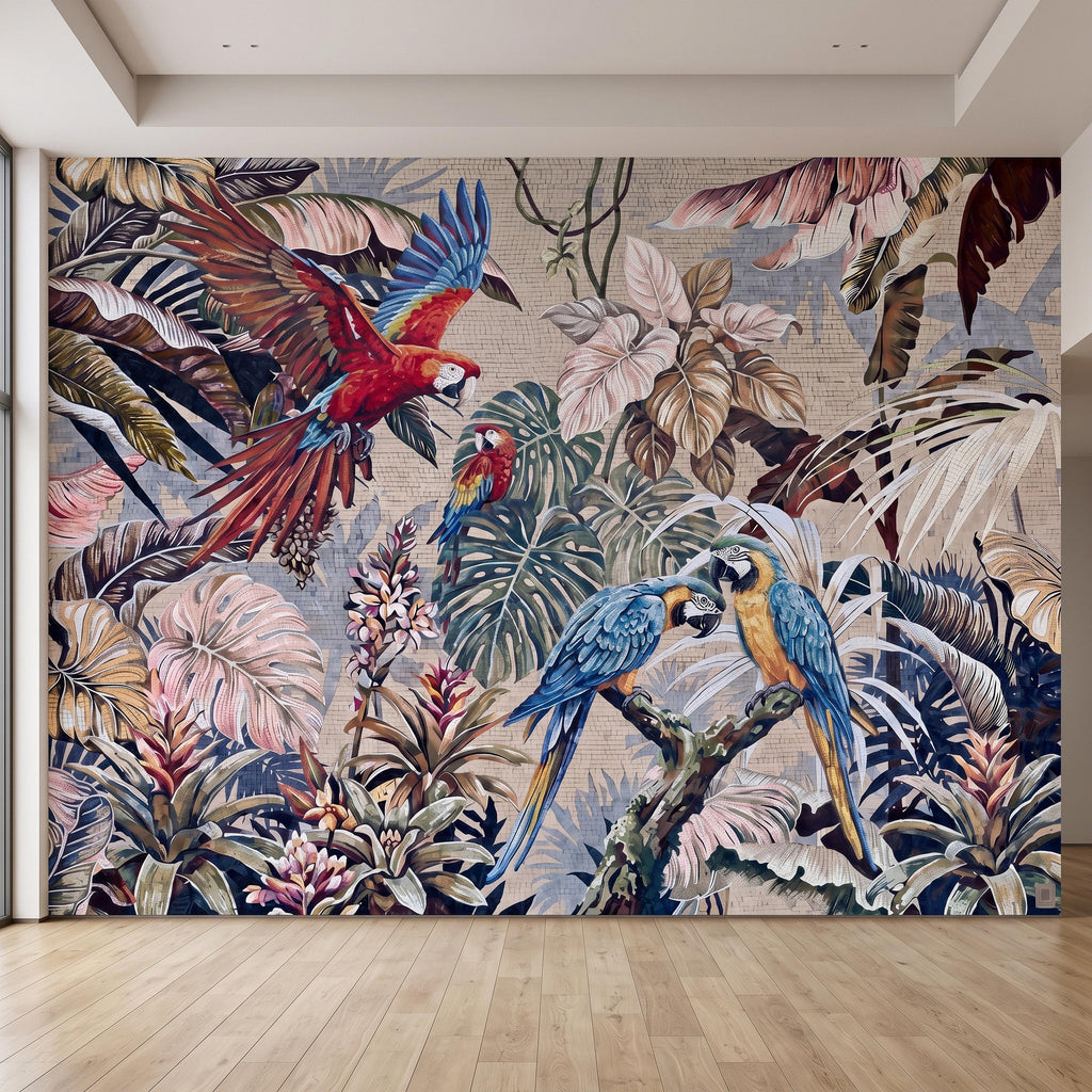 Tropical Macaw Peel and Stick Wall Mural, Exotic Parrots Monstera Banana Leaves Botanical Mosaic Wallpaper