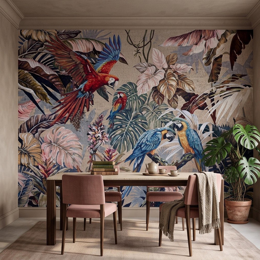 Tropical Macaw Peel and Stick Wall Mural, Exotic Parrots Monstera Banana Leaves Botanical Mosaic Wallpaper