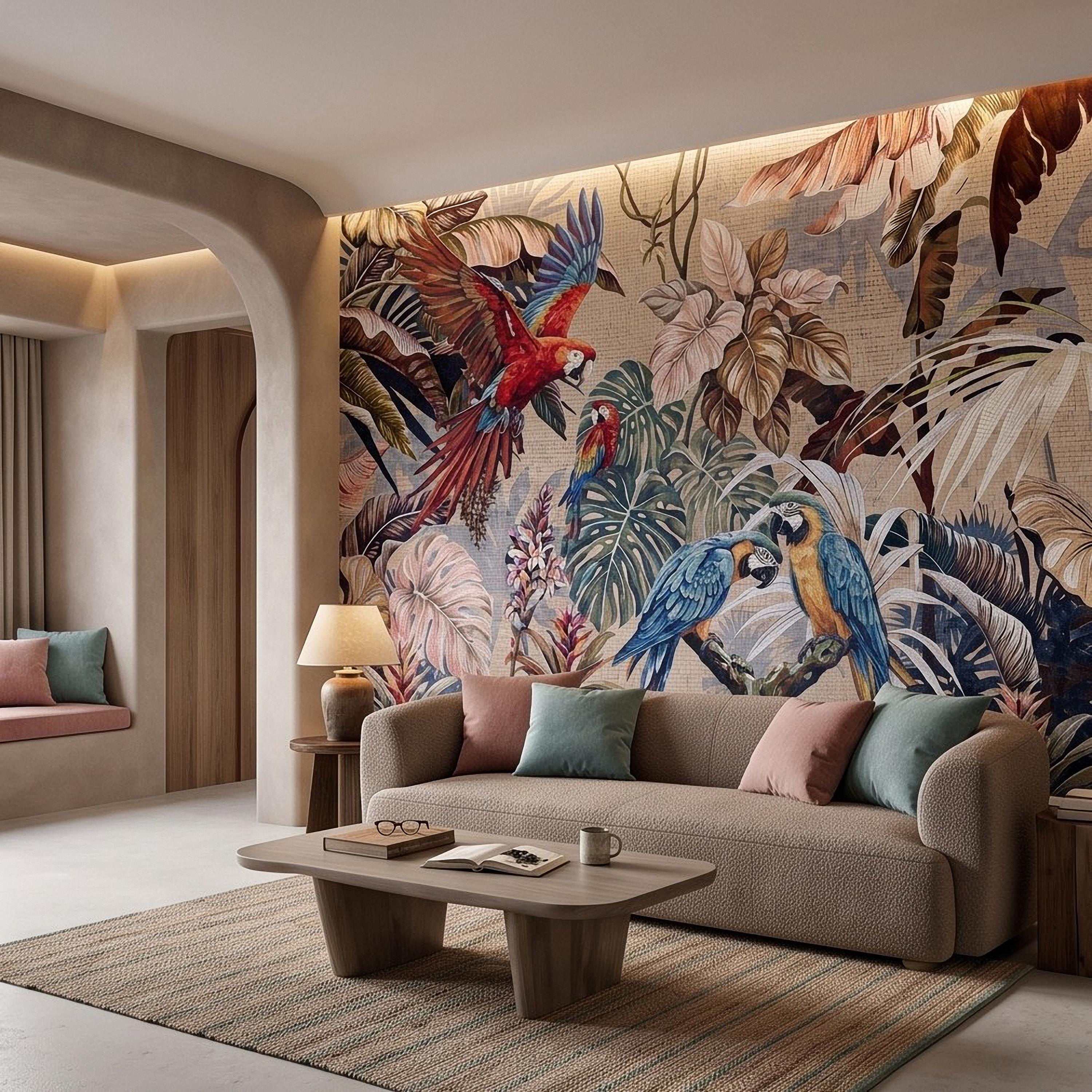 Tropical Macaw Peel and Stick Wall Mural, Exotic Parrots Monstera Banana Leaves Botanical Mosaic Wallpaper