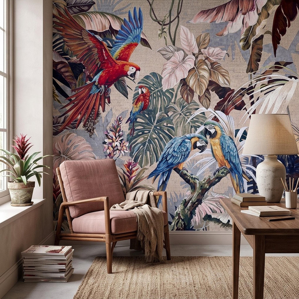 Tropical Macaw Peel and Stick Wall Mural, Exotic Parrots Monstera Banana Leaves Botanical Mosaic Wallpaper
