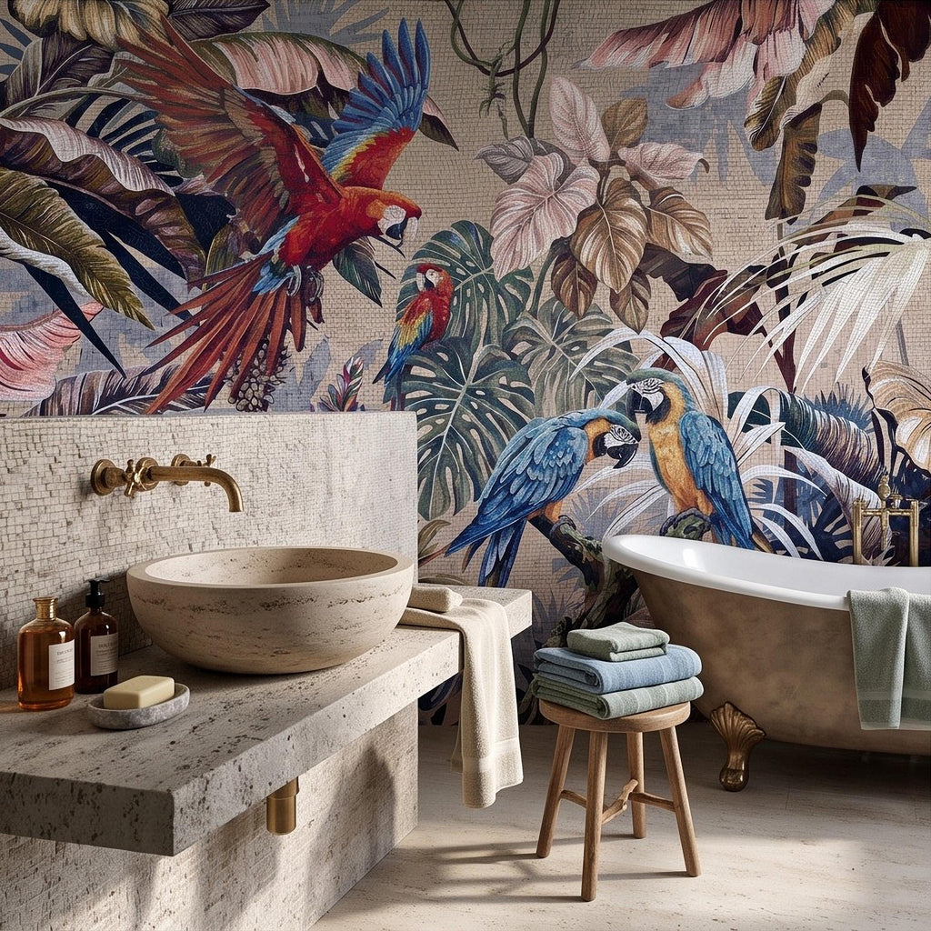 Tropical Macaw Peel and Stick Wall Mural, Exotic Parrots Monstera Banana Leaves Botanical Mosaic Wallpaper