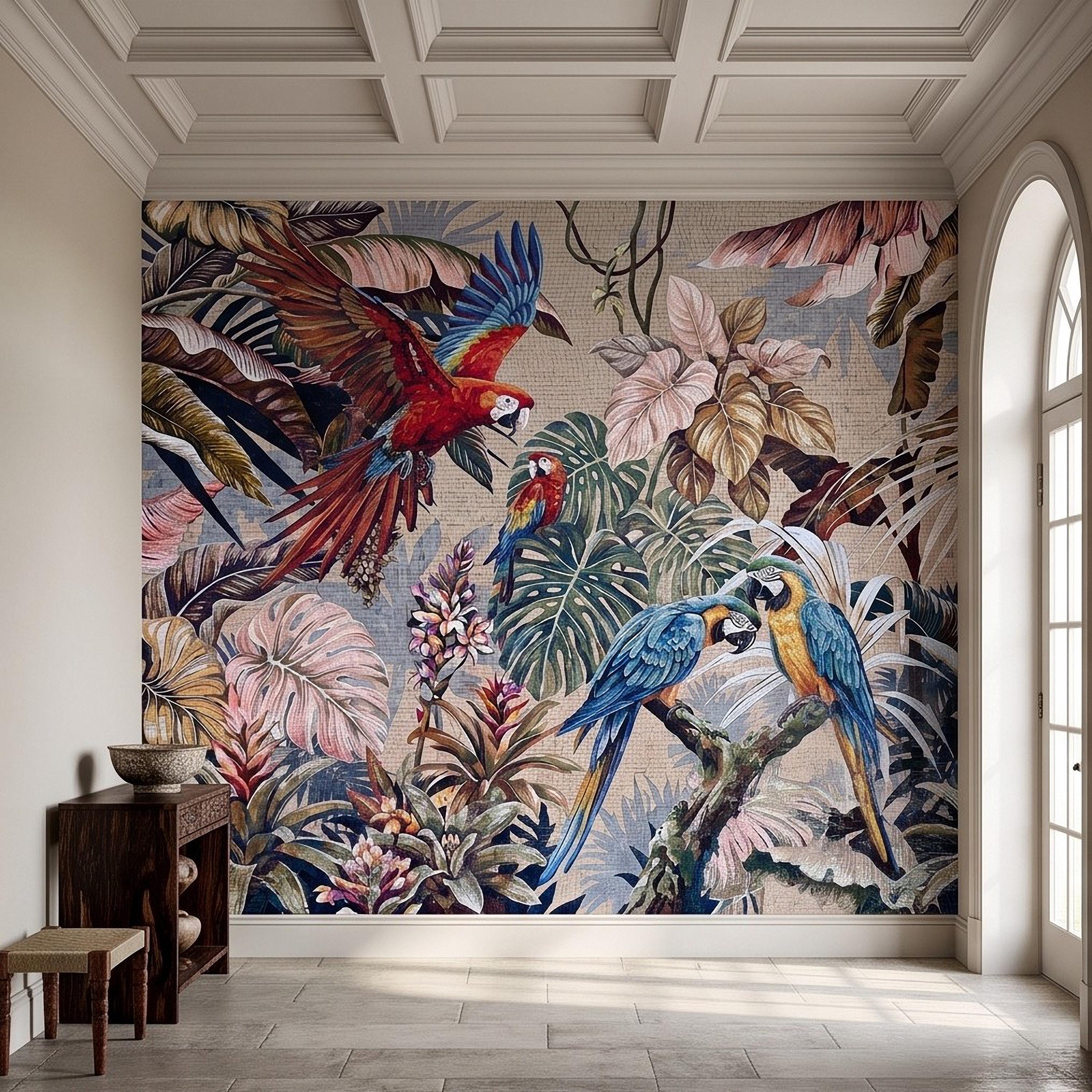 Tropical Macaw Peel and Stick Wall Mural, Exotic Parrots Monstera Banana Leaves Botanical Mosaic Wallpaper