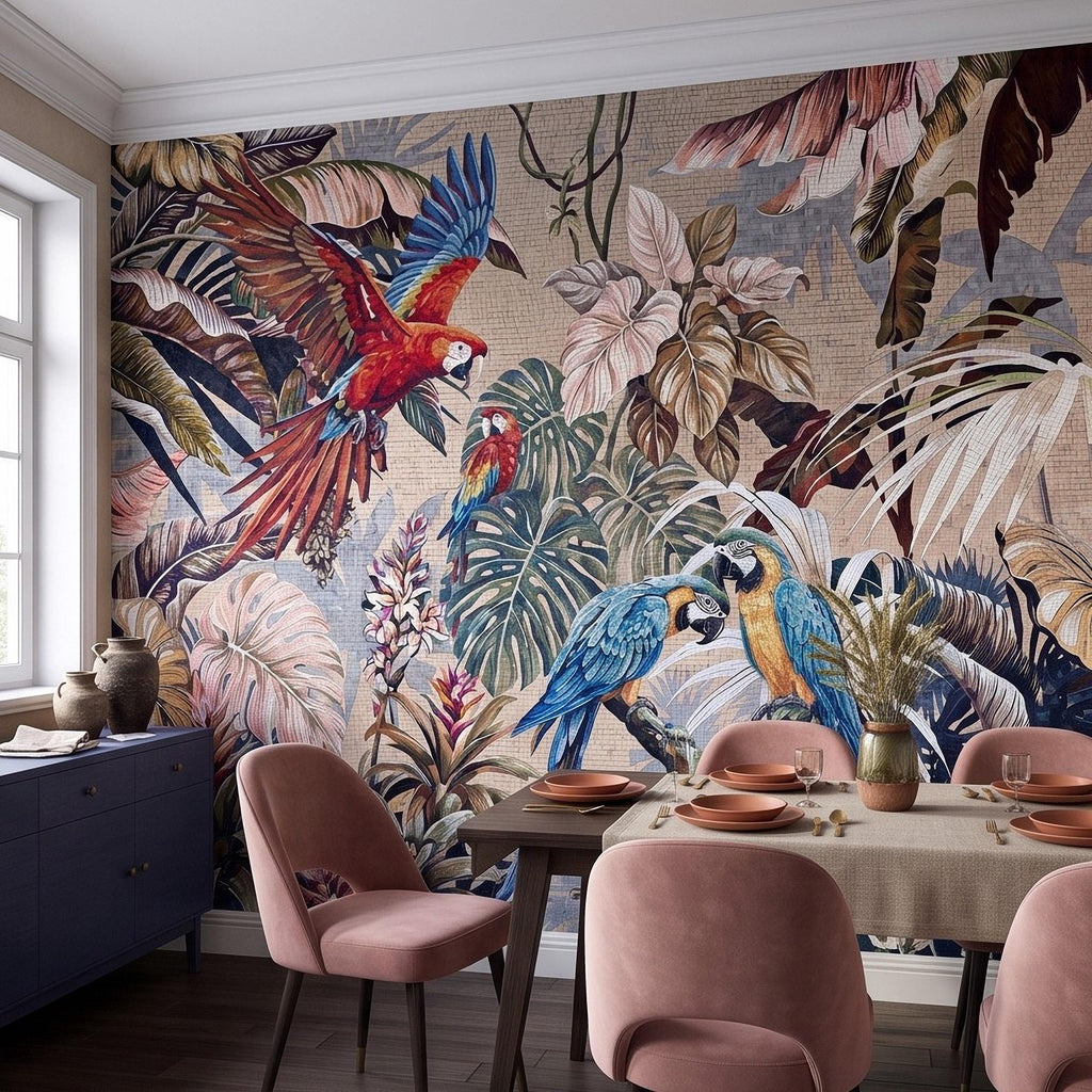 Tropical Macaw Peel and Stick Wall Mural, Exotic Parrots Monstera Banana Leaves Botanical Mosaic Wallpaper