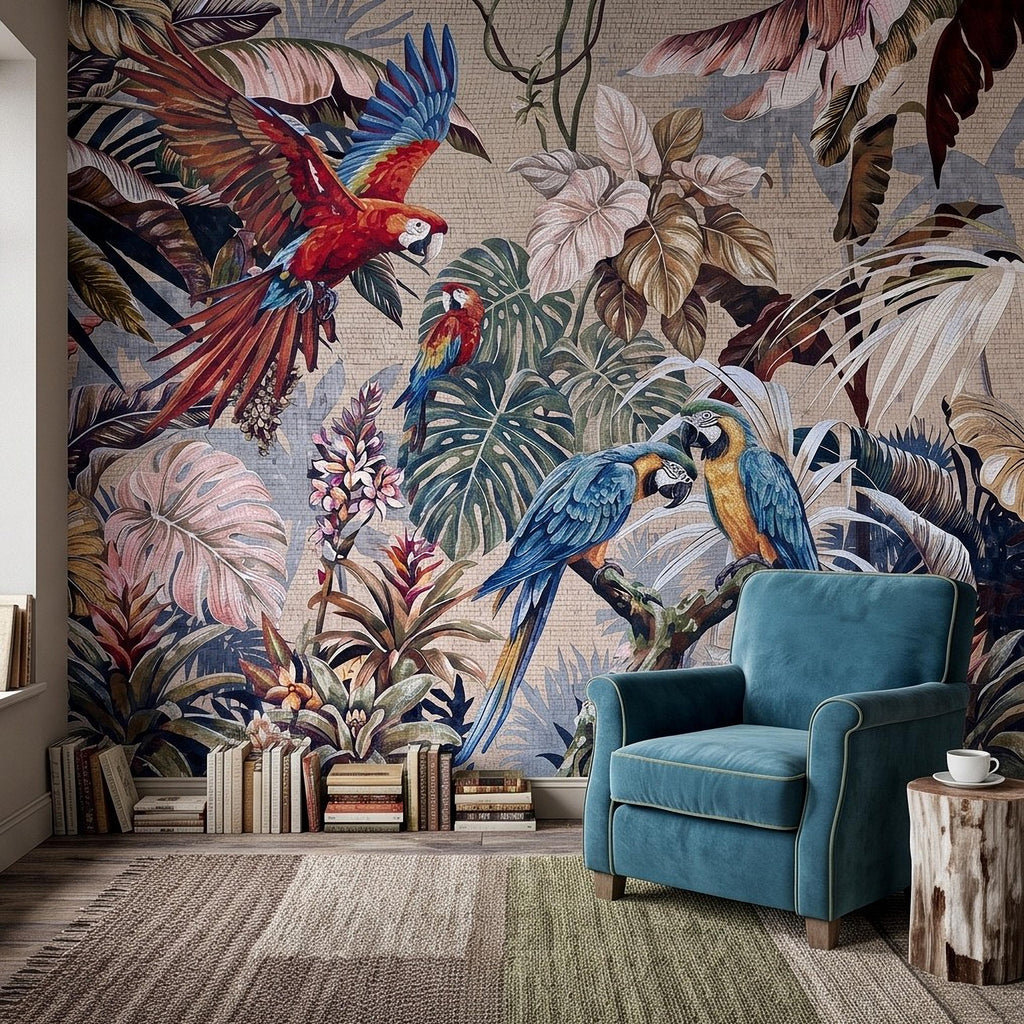 Tropical Macaw Peel and Stick Wall Mural, Exotic Parrots Monstera Banana Leaves Botanical Mosaic Wallpaper