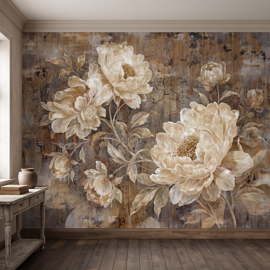 Vintage Peony Peel and Stick Wall Mural, Ivory Beige Floral Distressed Plaster Texture Antique Botanical Wallpaper